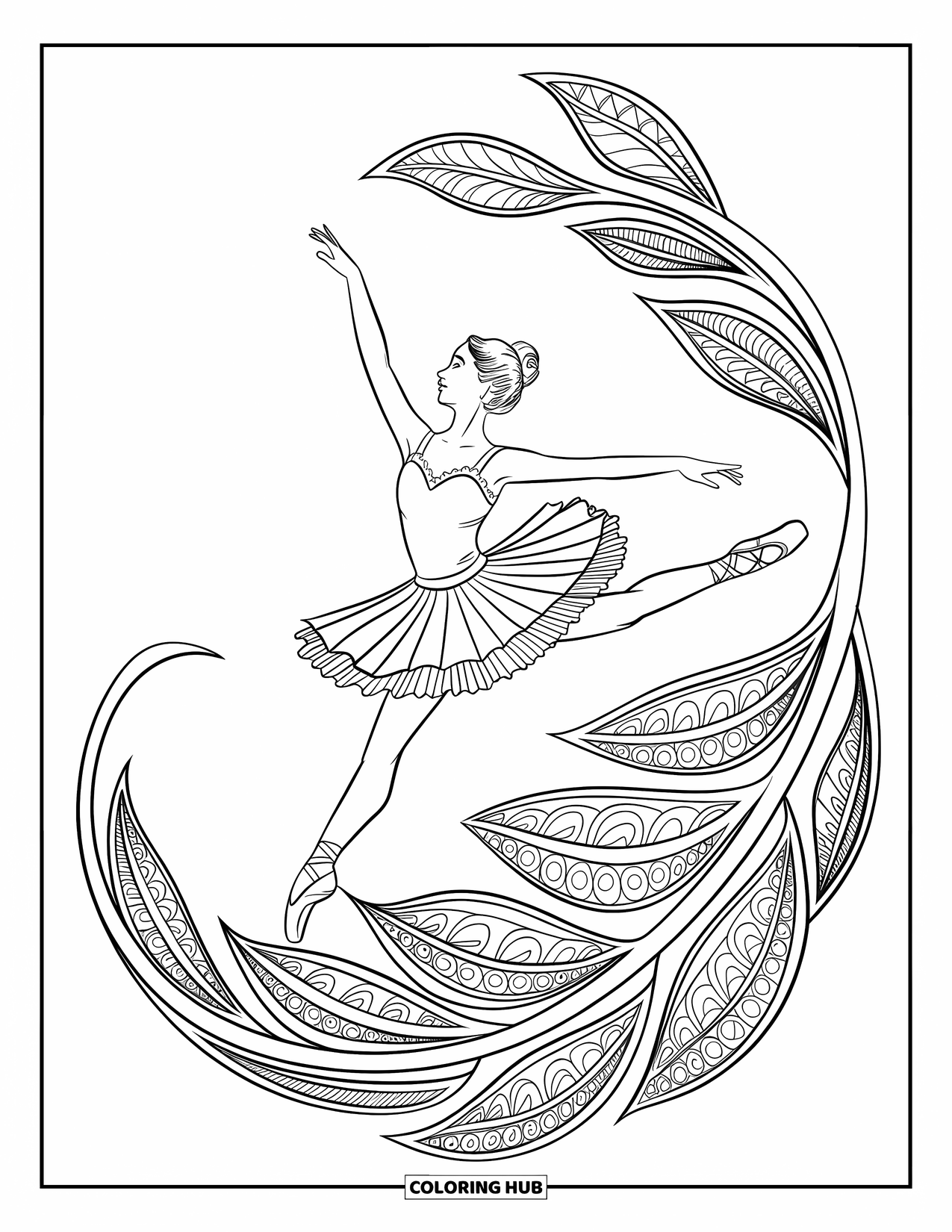 Ballet Coloring Page for Adults: A ballerina leaps midair above swirling mandala leaves and patterns