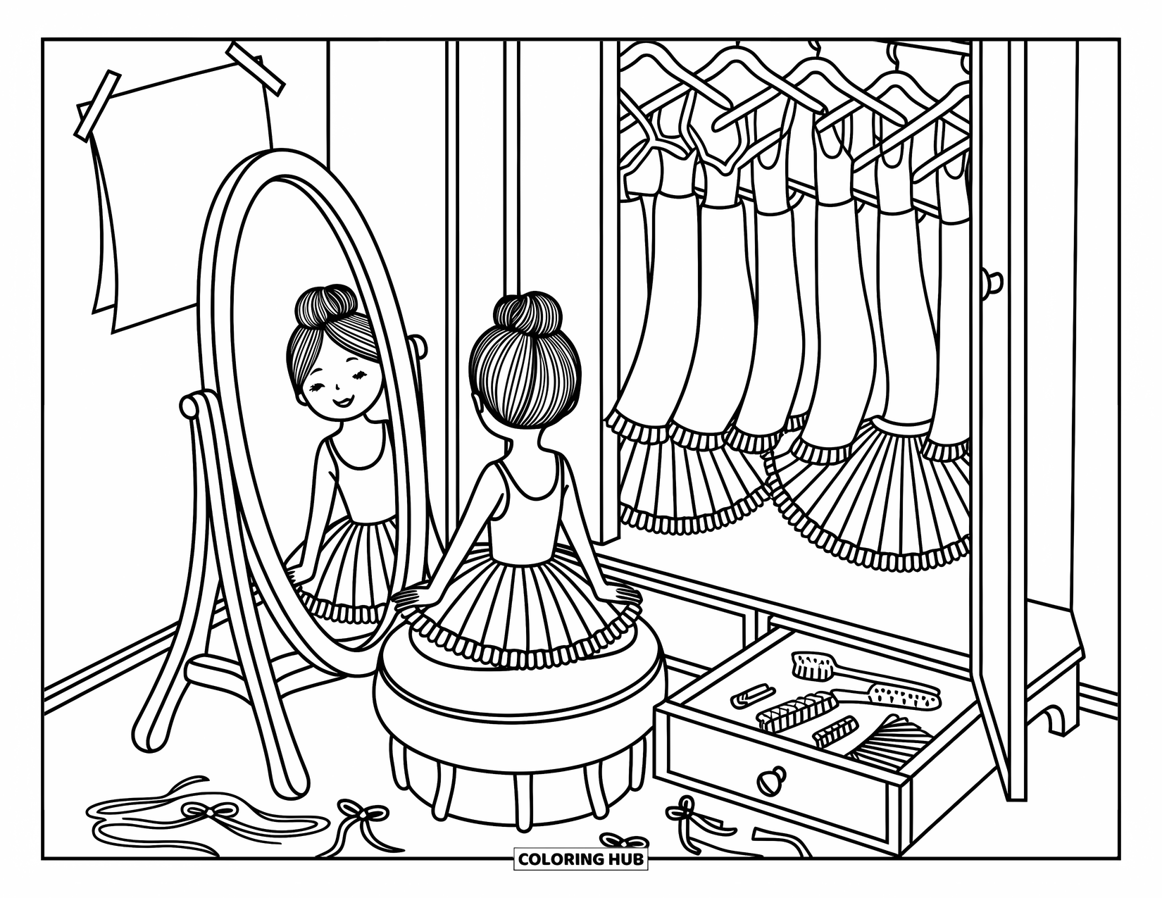 Ballet Coloring Page for Adults: A ballerina sits on a stool near her mirror surrounded by tutus and ribbons