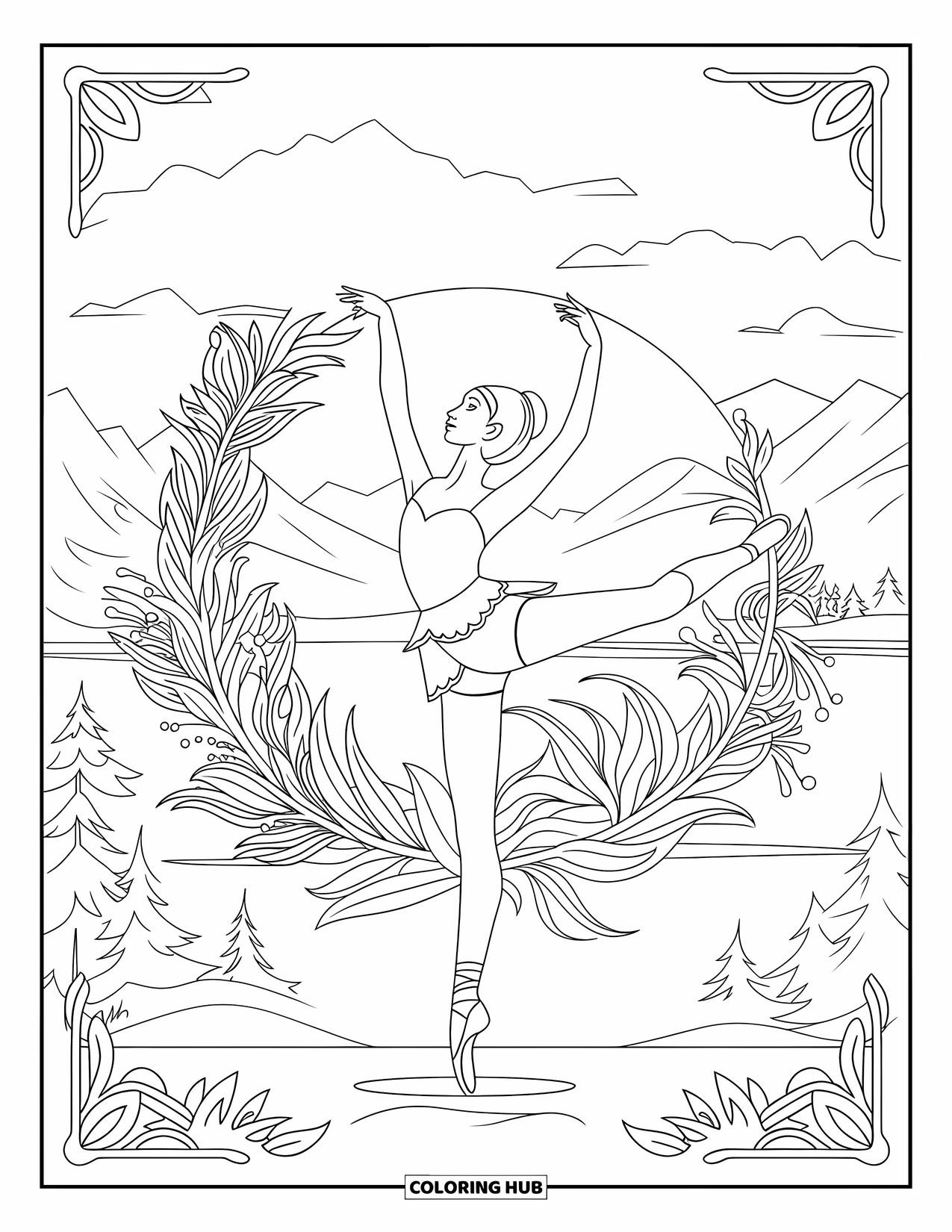 Ballet Coloring Page for Adults: A ballerina stands in arabesque surrounded by layered floral rings