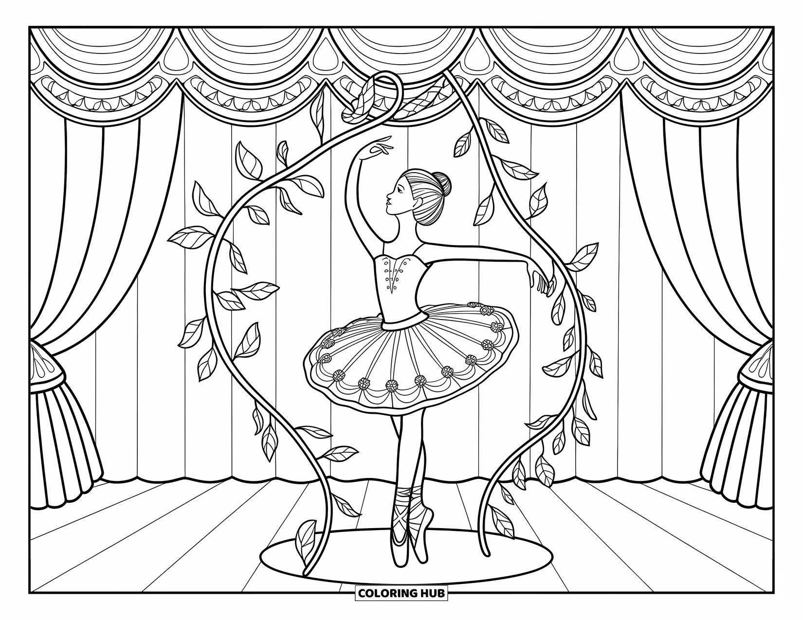 Ballet Coloring Page for Adults: A ballerina surrounded by vines performs on a stage with elegant curtains