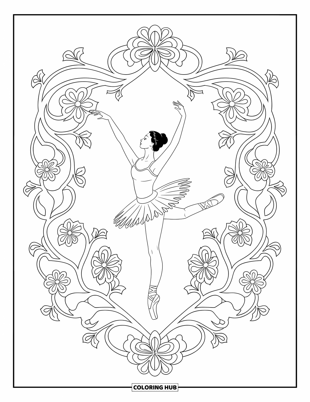 Ballet Coloring Page for Adults: A dancer en pointe surrounded by floral mandala patterns and vines