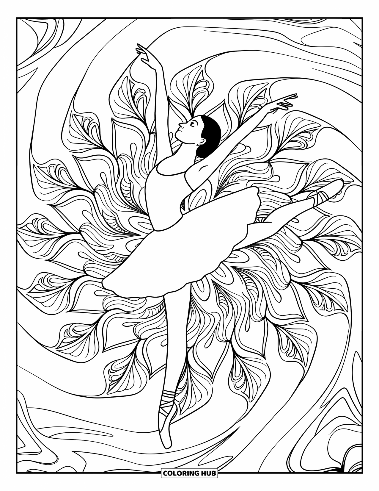 Ballet Coloring Page for Adults: A dancer leaps gracefully over swirling mandala patterns and leaves