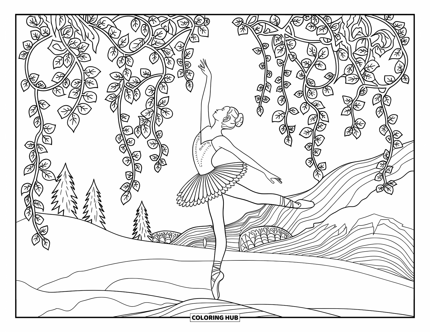 Ballet Coloring Page for Adults: A dancer reaches toward the sky, wrapped in intricate patterned vines