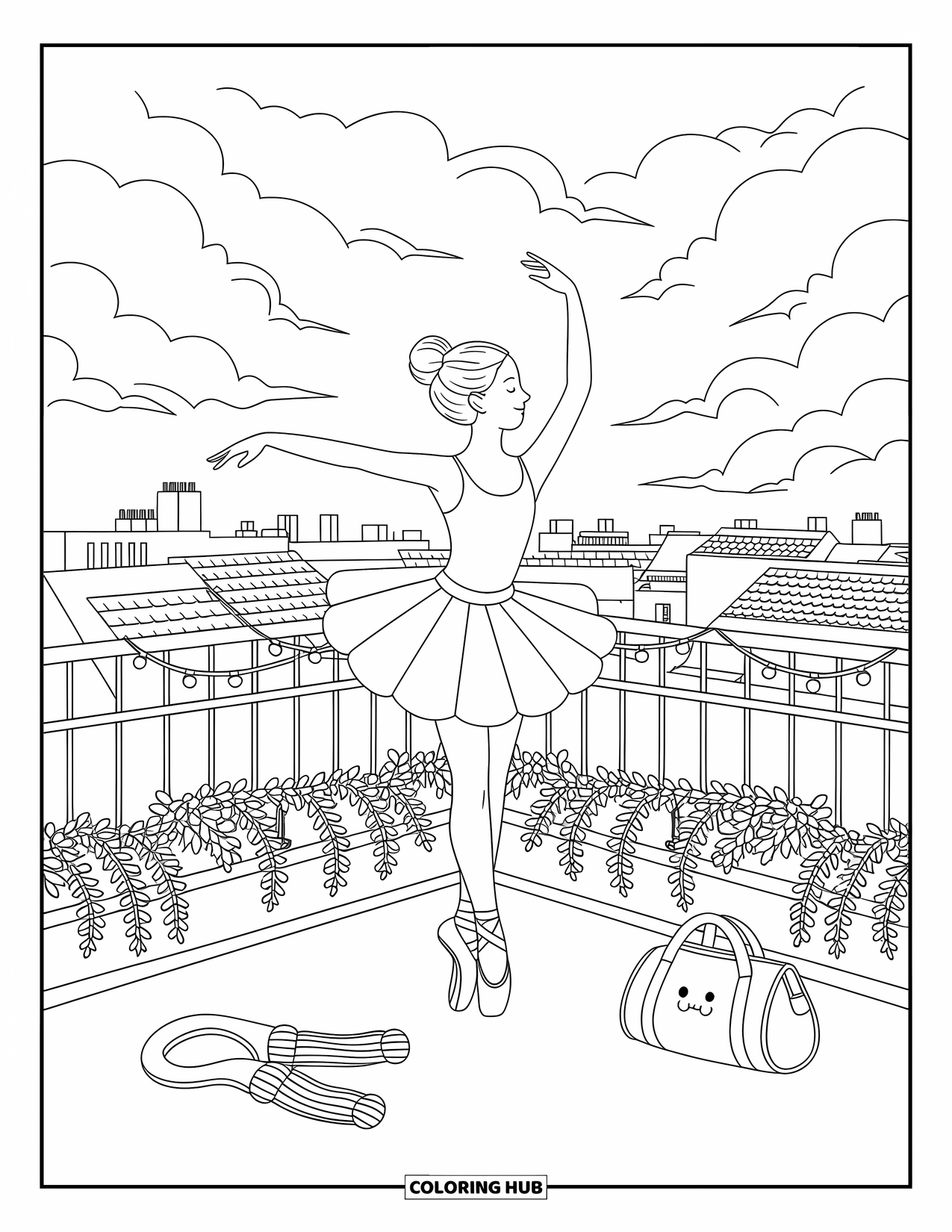 Ballet Coloring Page for Adults: A dancer twirls on a terrace with potted plants and a glowing skyline