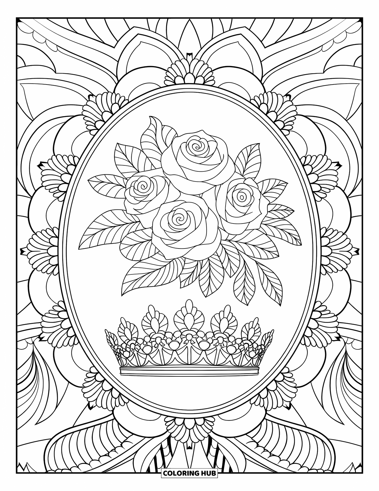 Ballet Coloring Page for Adults: A rose bouquet and tiara sit in the center of a floral mandala