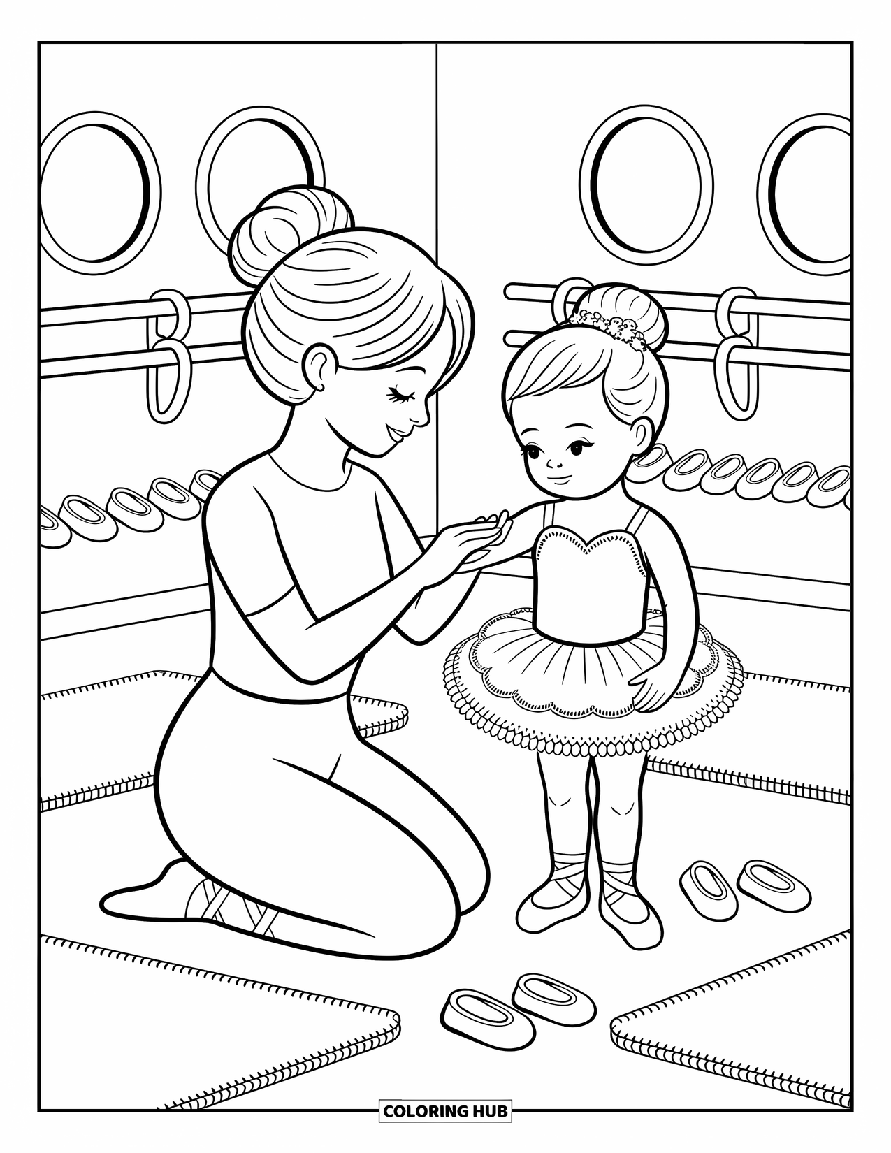 Ballet Coloring Page for Adults: A sweet moment between teacher and student in a cozy ballet studio