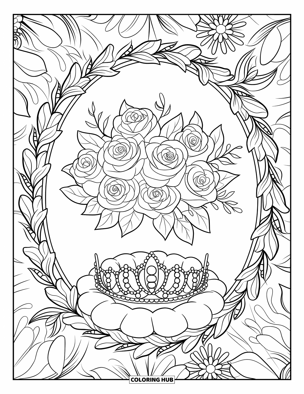 Ballet Coloring Page for Adults: A tiara rests on roses inside a beautifully patterned floral frame