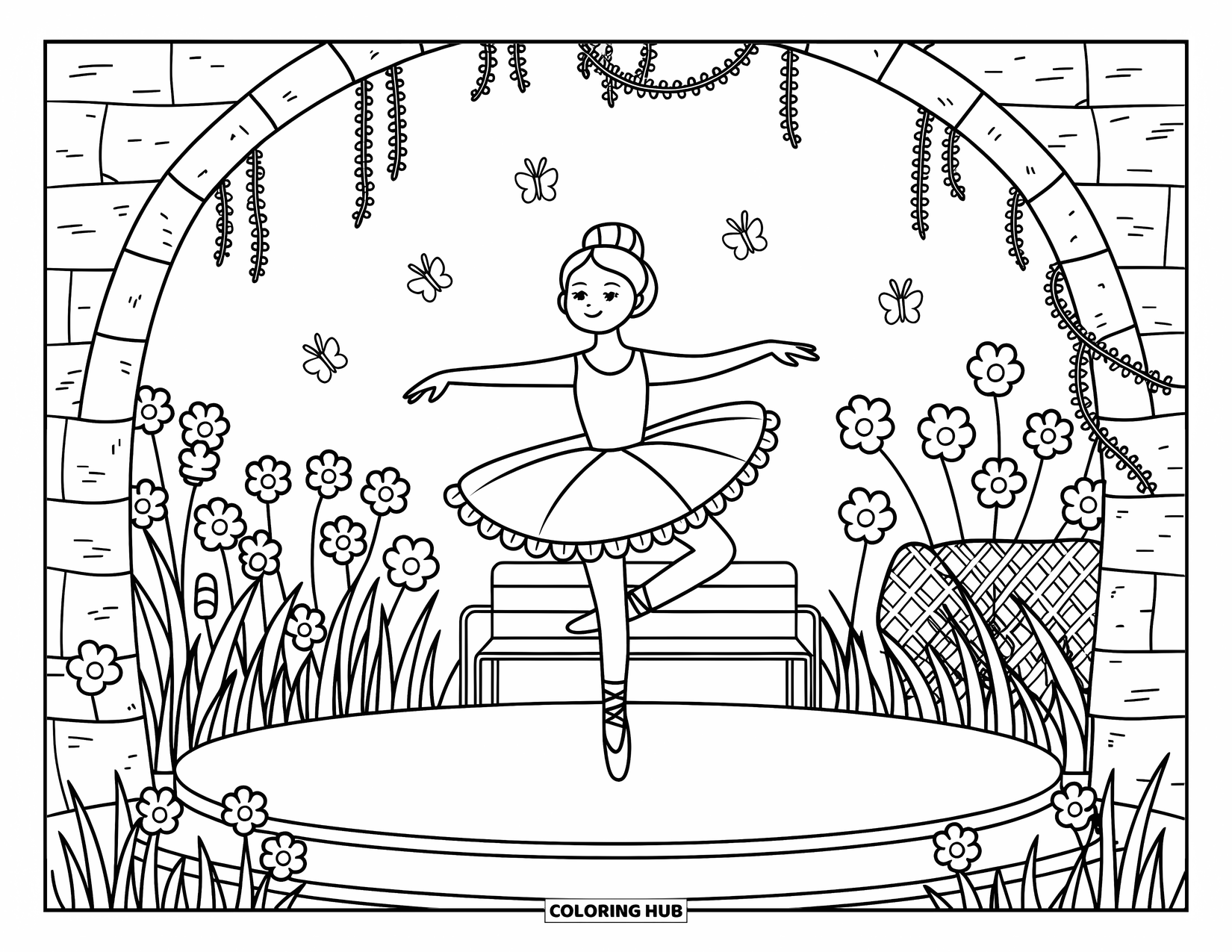Ballet Coloring Page for Adults: A twirling ballerina performs in a magical garden with vines and fluttering butterflies