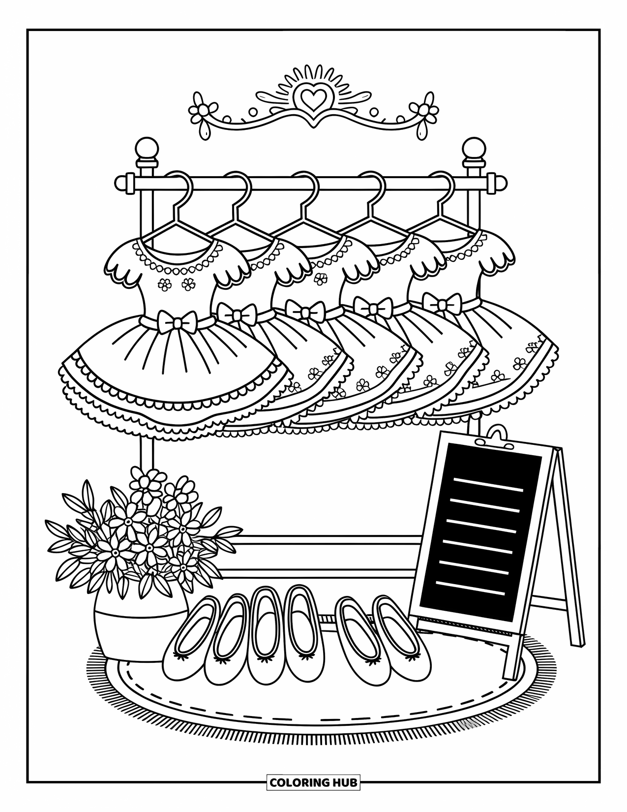 Ballet Coloring Page for Adults: Ballet tutus and slippers rest together under a softly glowing light