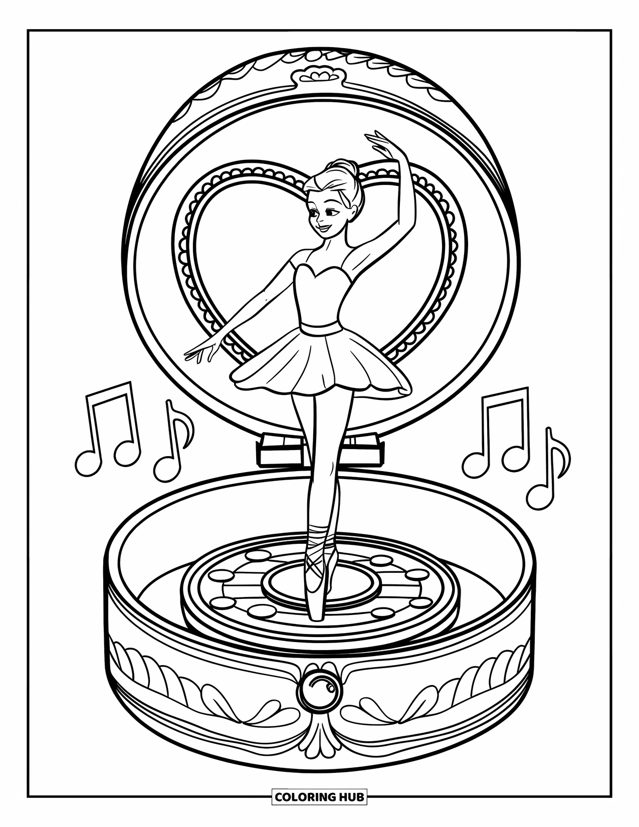Ballet Coloring Page for Kids: A ballerina dances inside a delicate, heart-shaped music box