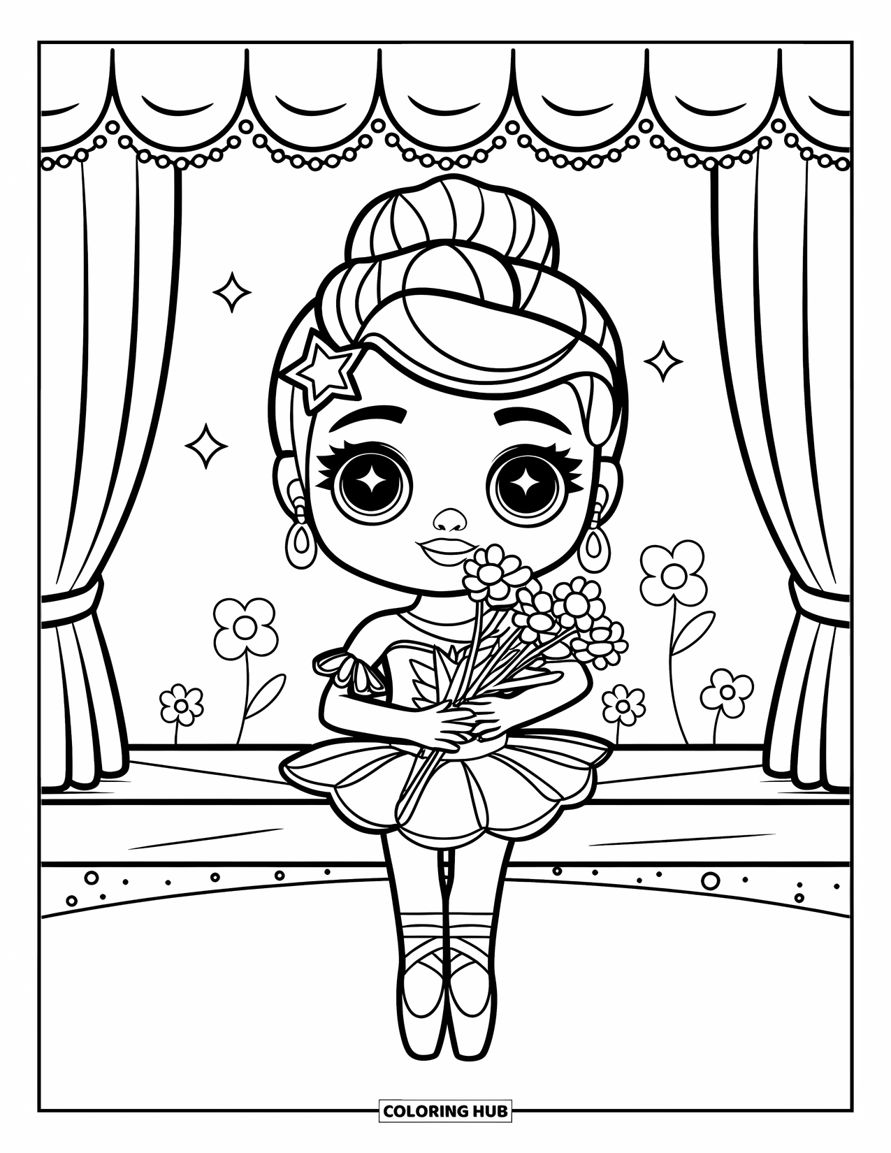 Ballet Coloring Page for Kids: A ballerina holds flowers as the curtain closes behind her