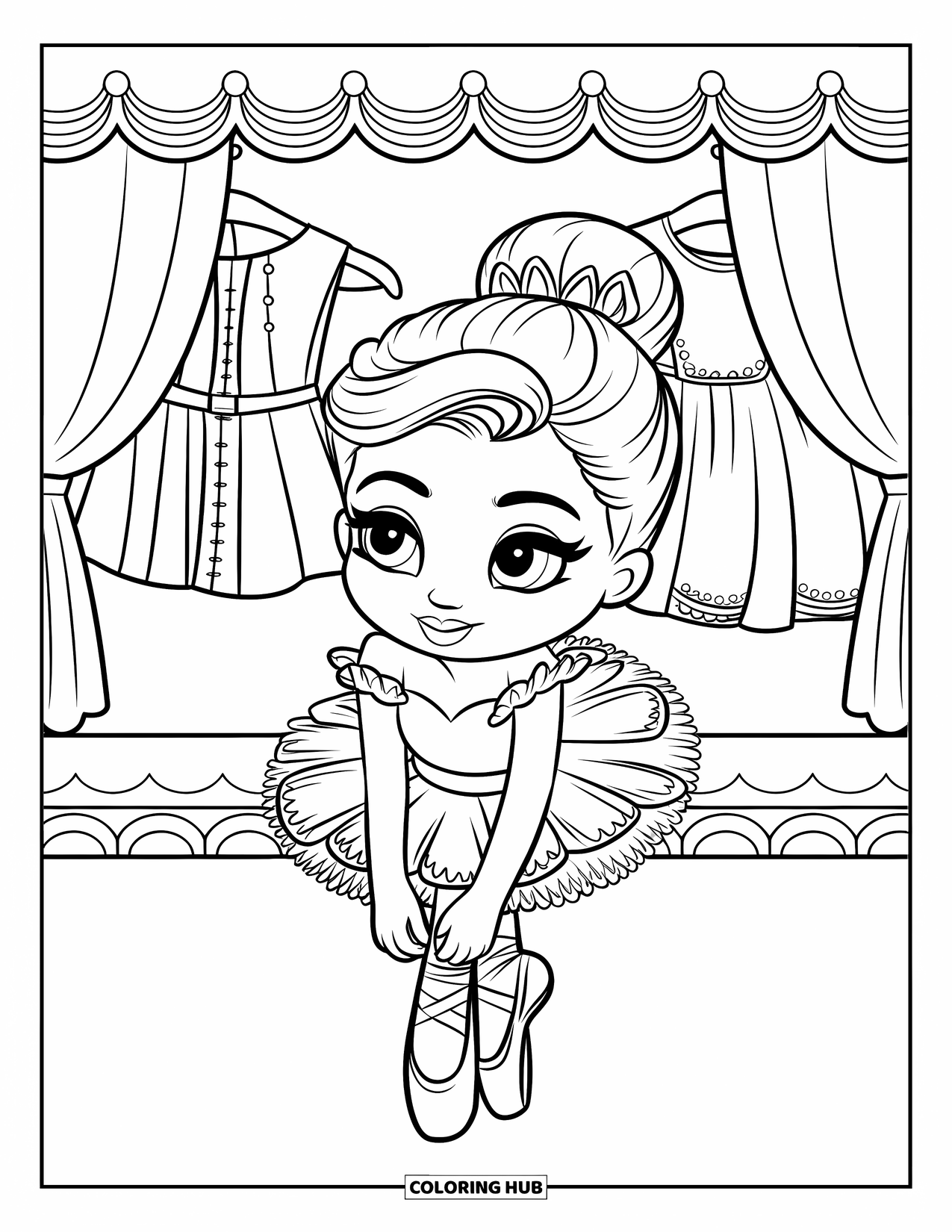 Ballet Coloring Page for Kids: A ballerina prepares backstage with her shoes and hanging outfits