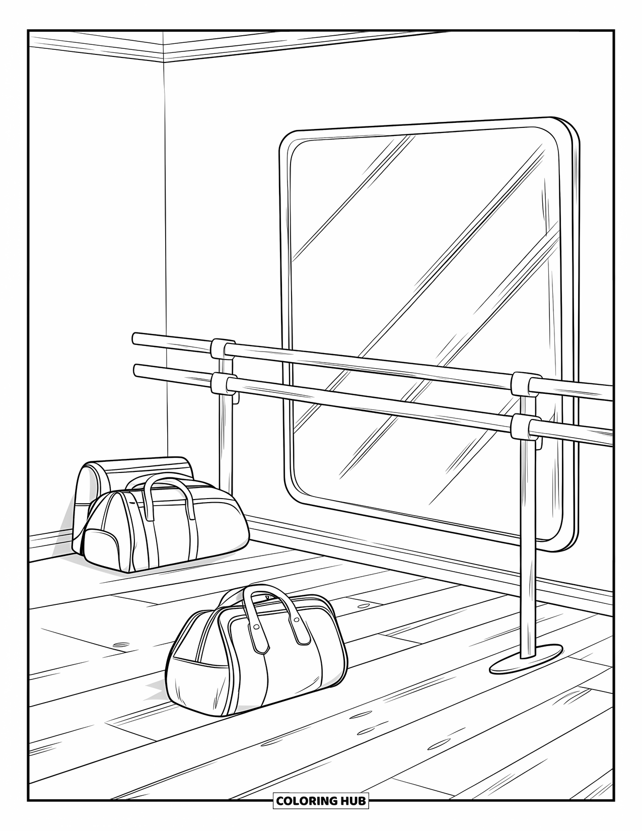 Ballet Coloring Page for Kids: A ballet studio with mirrors, a barre, and bags on the floor