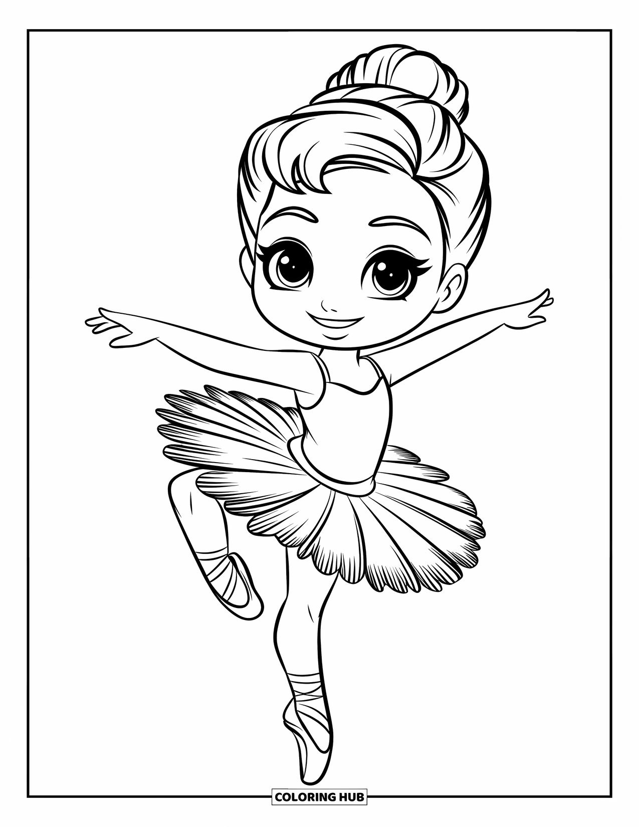 Ballet Coloring Page for Kids: A cheerful chibi ballerina bends gracefully in a plié