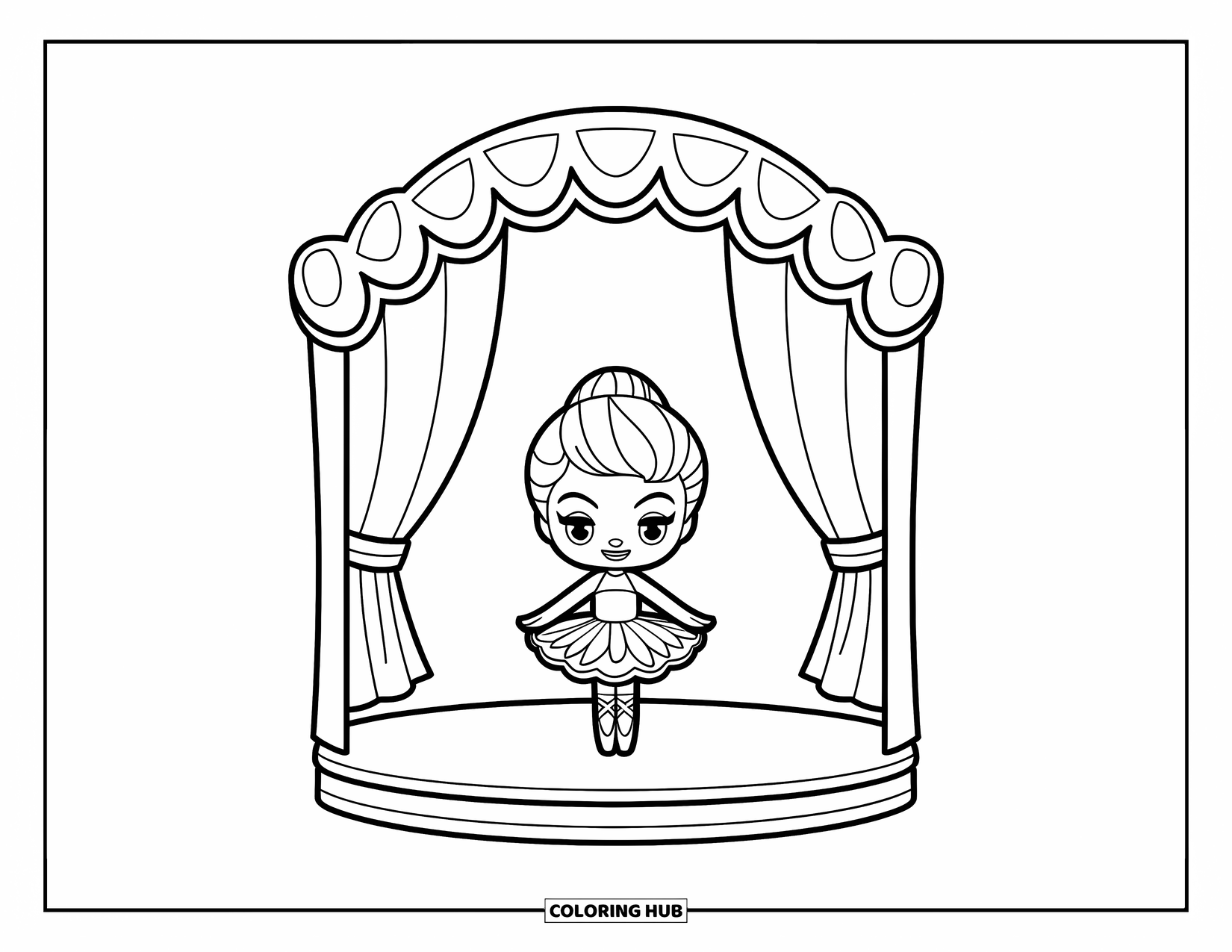 Ballet Coloring Page for Kids: A chibi ballerina bows sweetly on a small stage