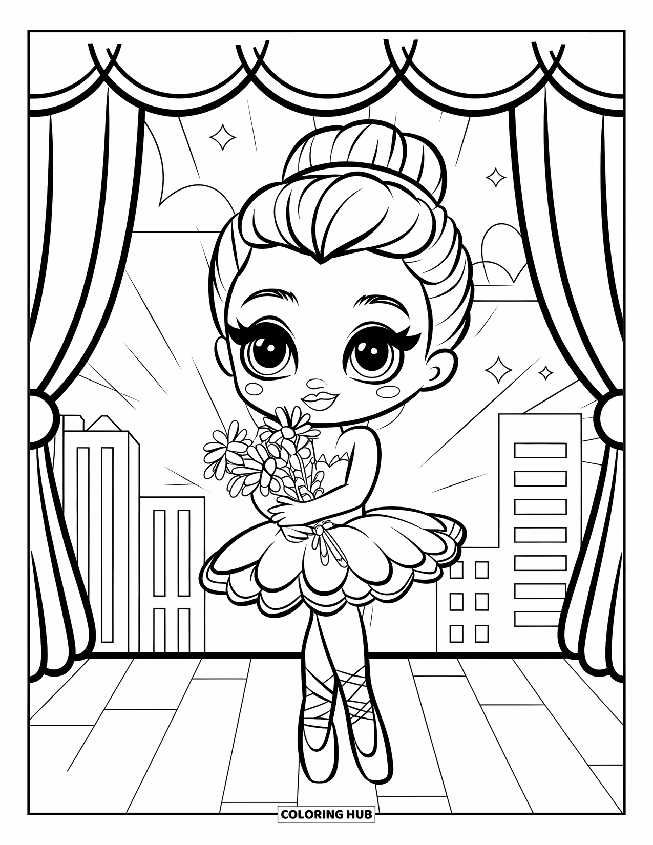 Ballet Coloring Page for Kids: A chibi dancer beams proudly with her bouquet on stage