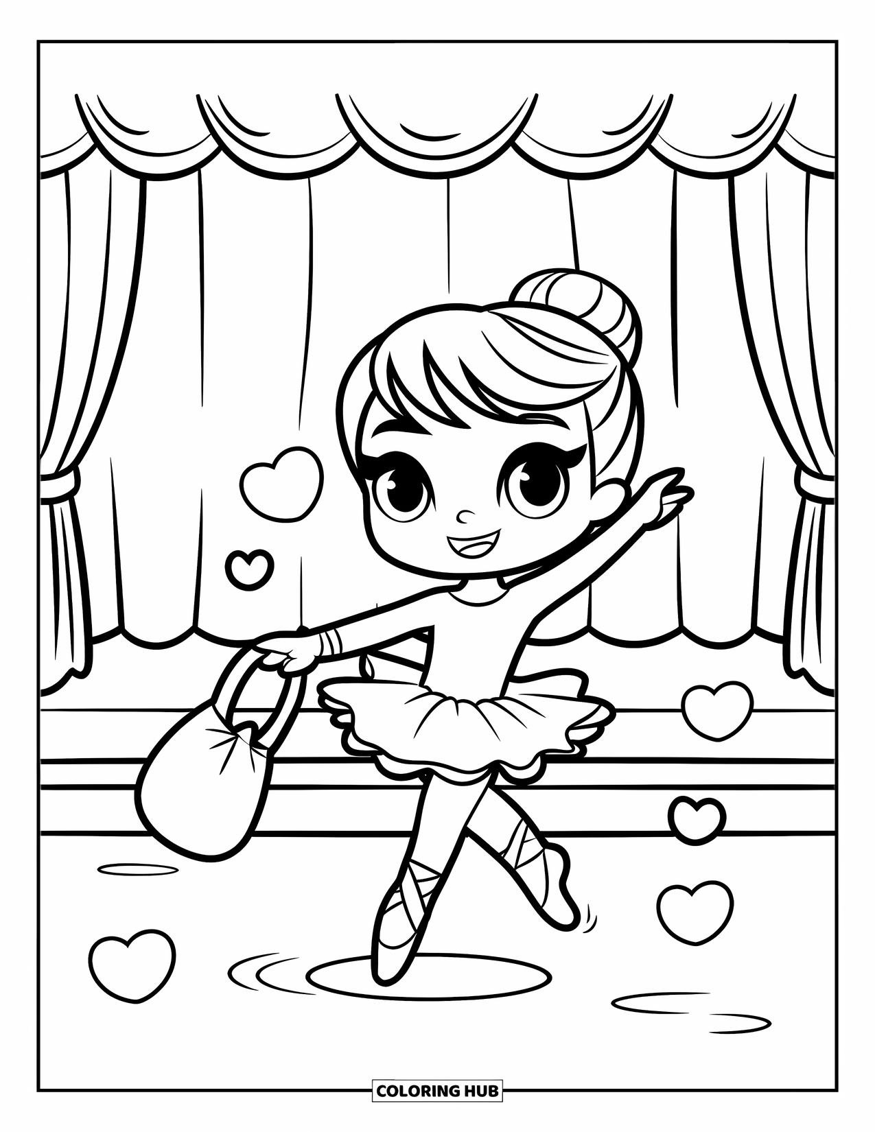 Ballet Coloring Page for Kids: A chibi dancer skips with her bag and heart-shaped trails