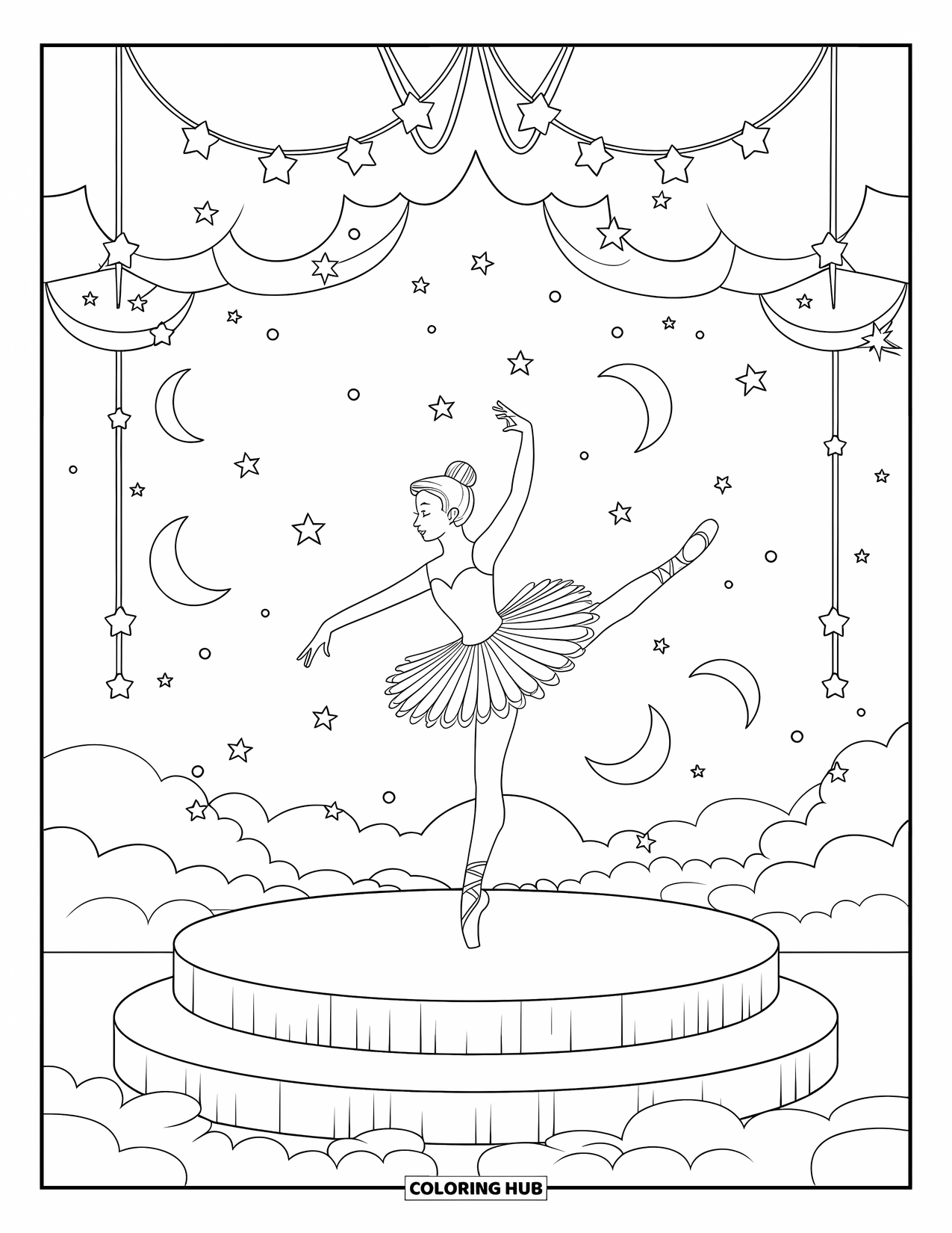 Ballet Coloring Page for Kids: A graceful ballerina twirls on fluffy clouds under bright stars