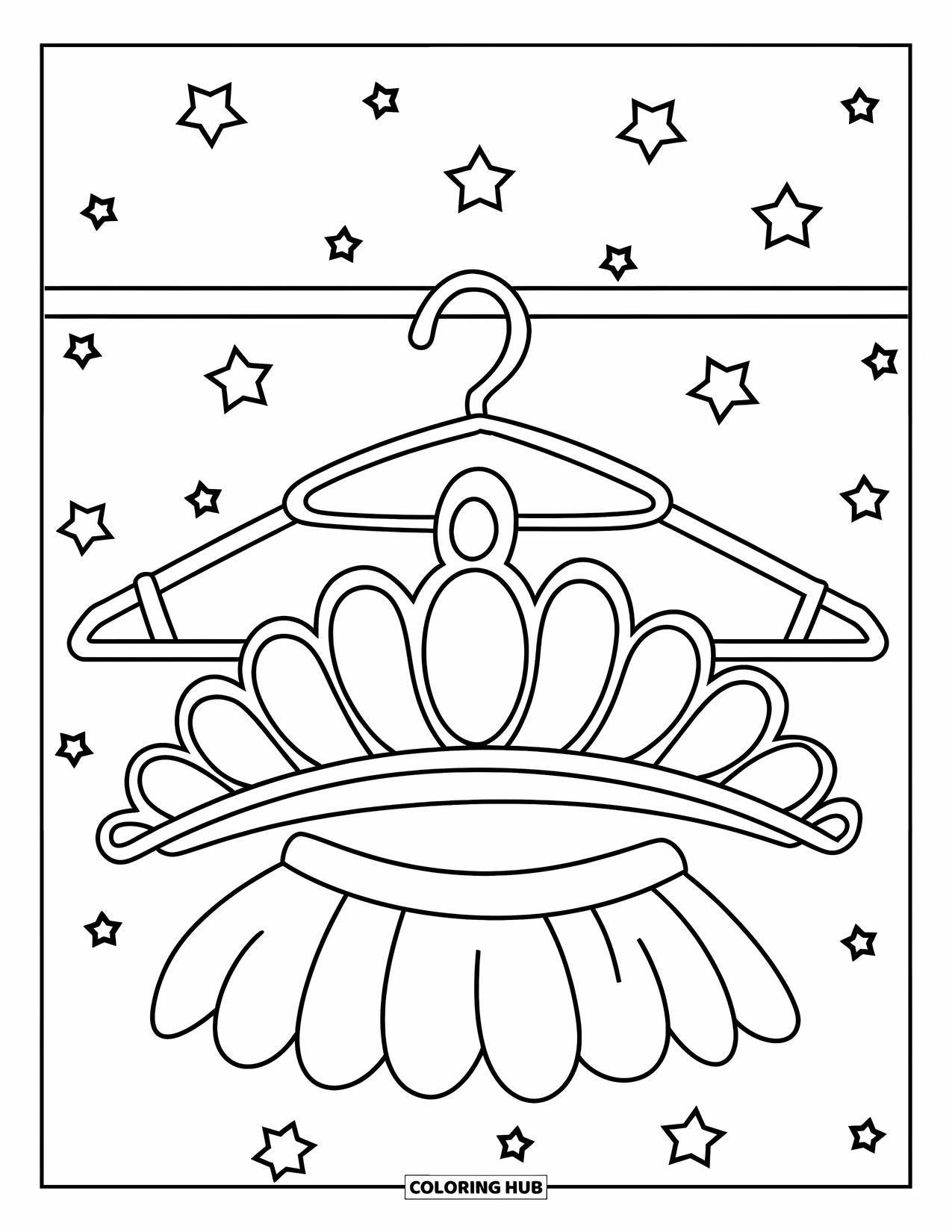 Ballet Coloring Page for Kids: A hanger holds a tutu and tiara surrounded by stars