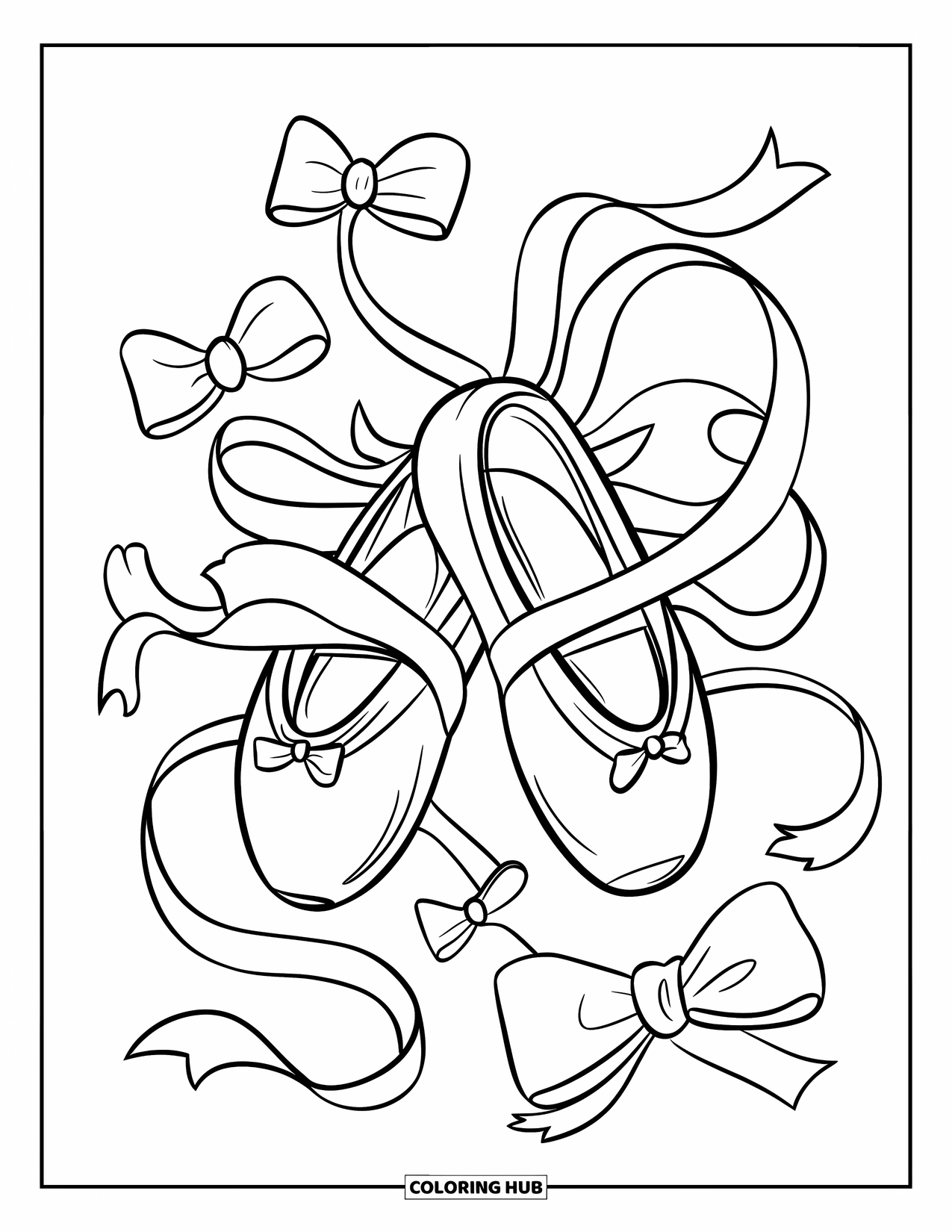 Ballet Coloring Page for Kids: A pair of ballet slippers float surrounded by ribbons and bows