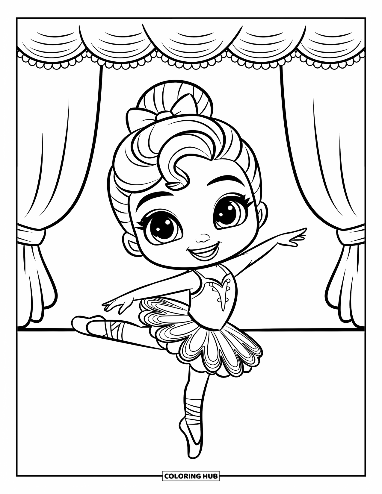 Ballet Coloring Page for Kids: A smiling ballerina in a fluffy tutu bends into a plié