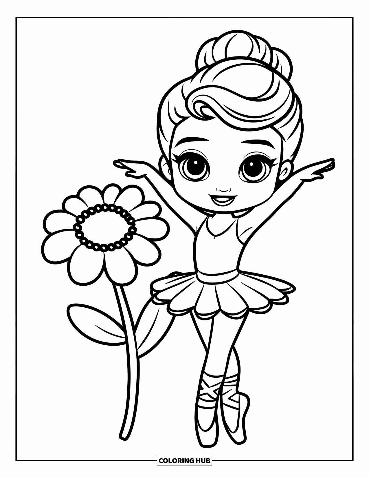 Ballet Coloring Page for Kids: A smiling chibi ballerina poses beside a blooming flower