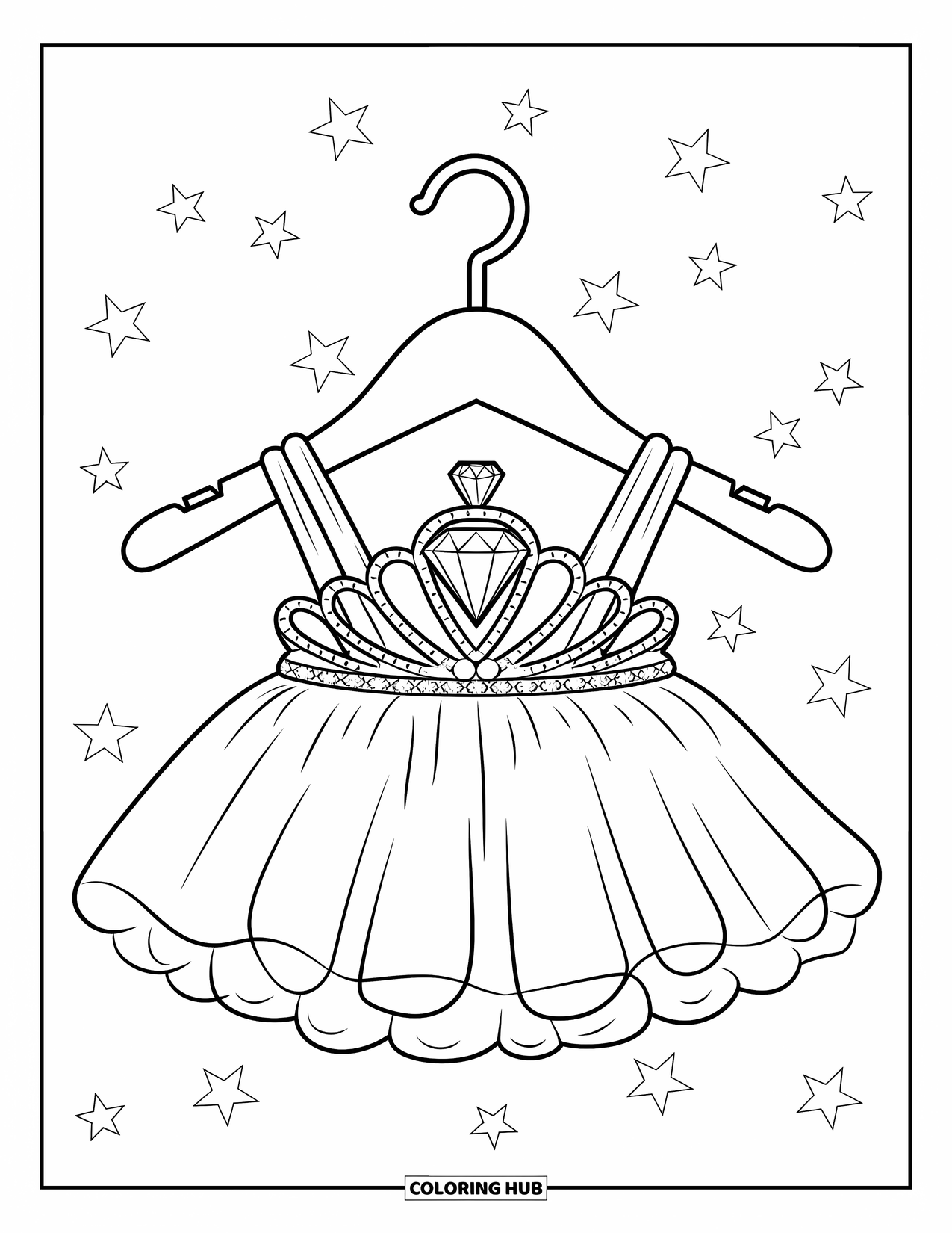 Ballet Coloring Page for Kids: A sparkling tiara and tutu hang gently under twinkling stars