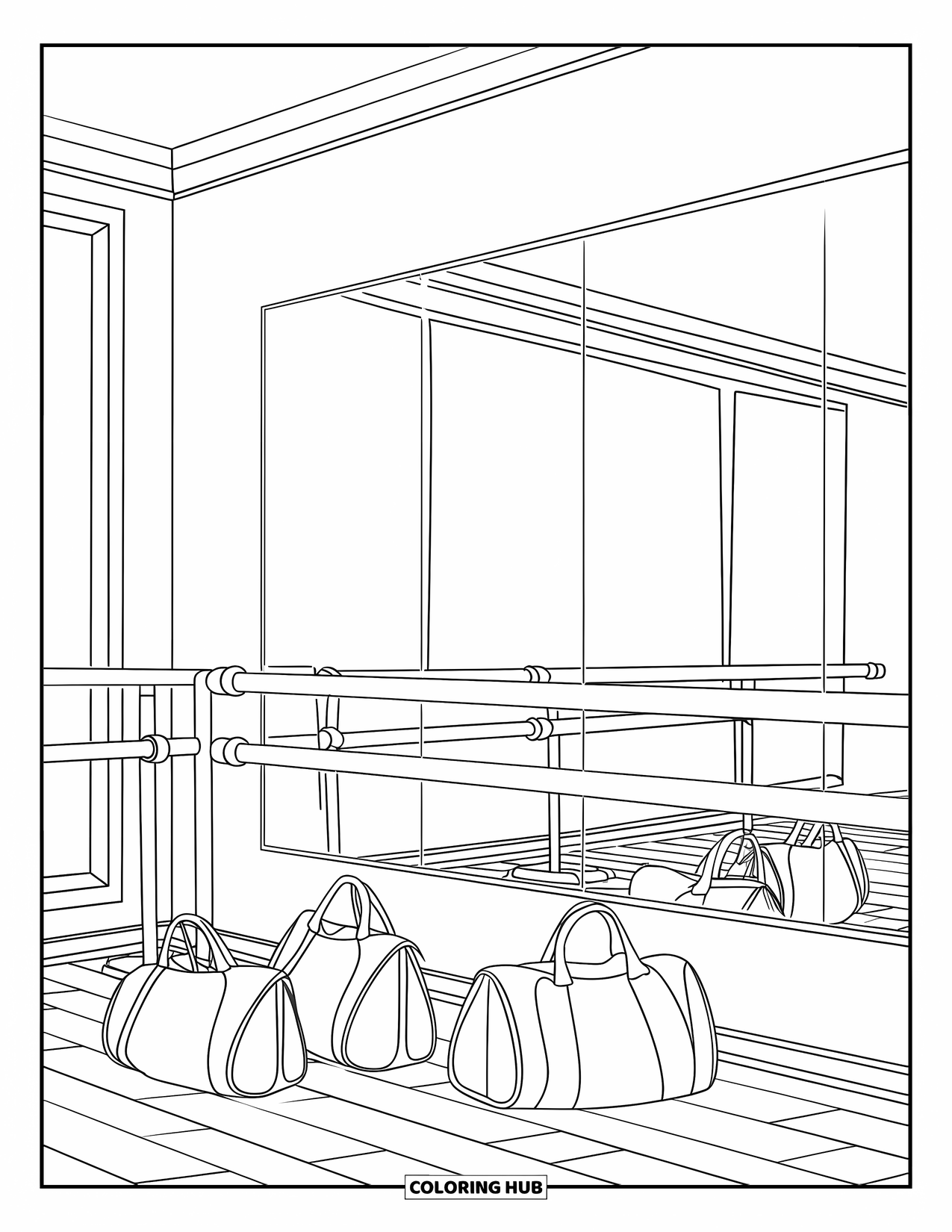 Ballet Coloring Page for Kids: A sunny ballet studio with a mirror, barre, and soft lighting