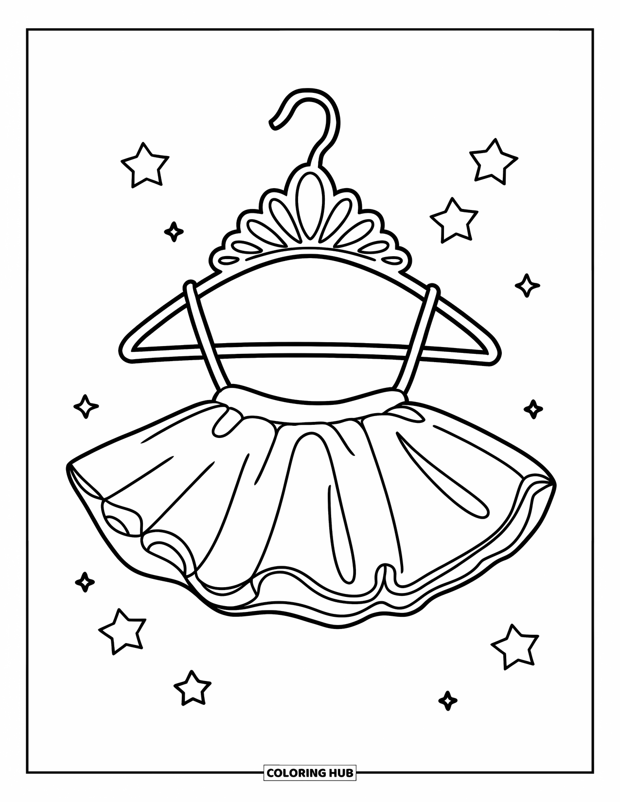 Ballet Coloring Page for Kids: A tiara and tutu dangle playfully with stars behind them