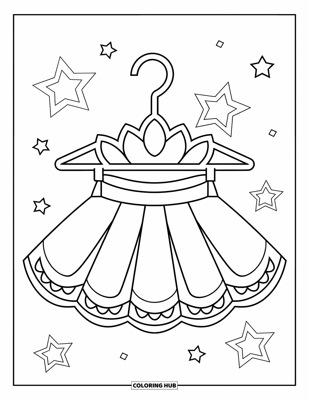 Ballet Coloring Page for Kids: A tiara and tutu hang on a starry background