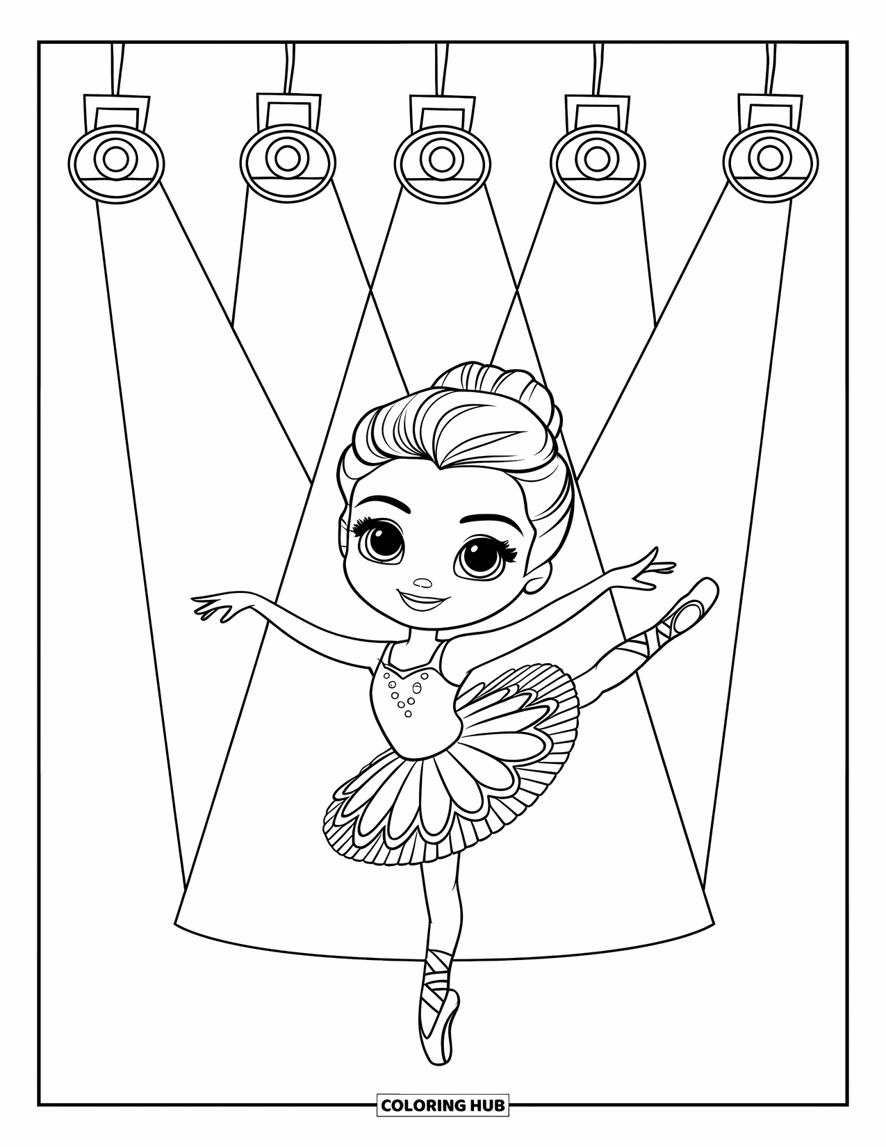 Ballet Coloring Page for Kids: A tiny dancer balances gracefully beneath twinkling spotlights