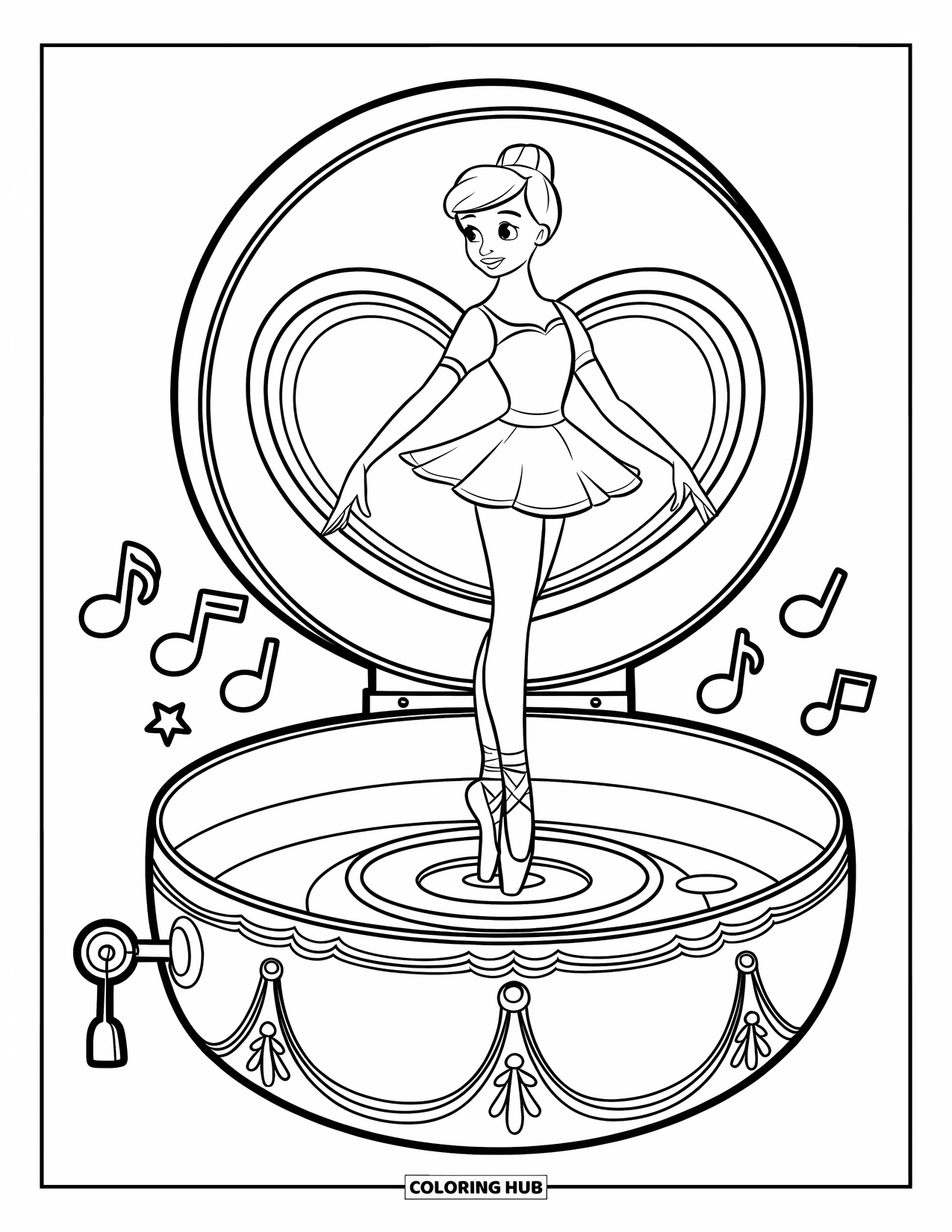 Ballet Coloring Page for Kids: A tiny dancer spins inside an ornate heart-shaped music box