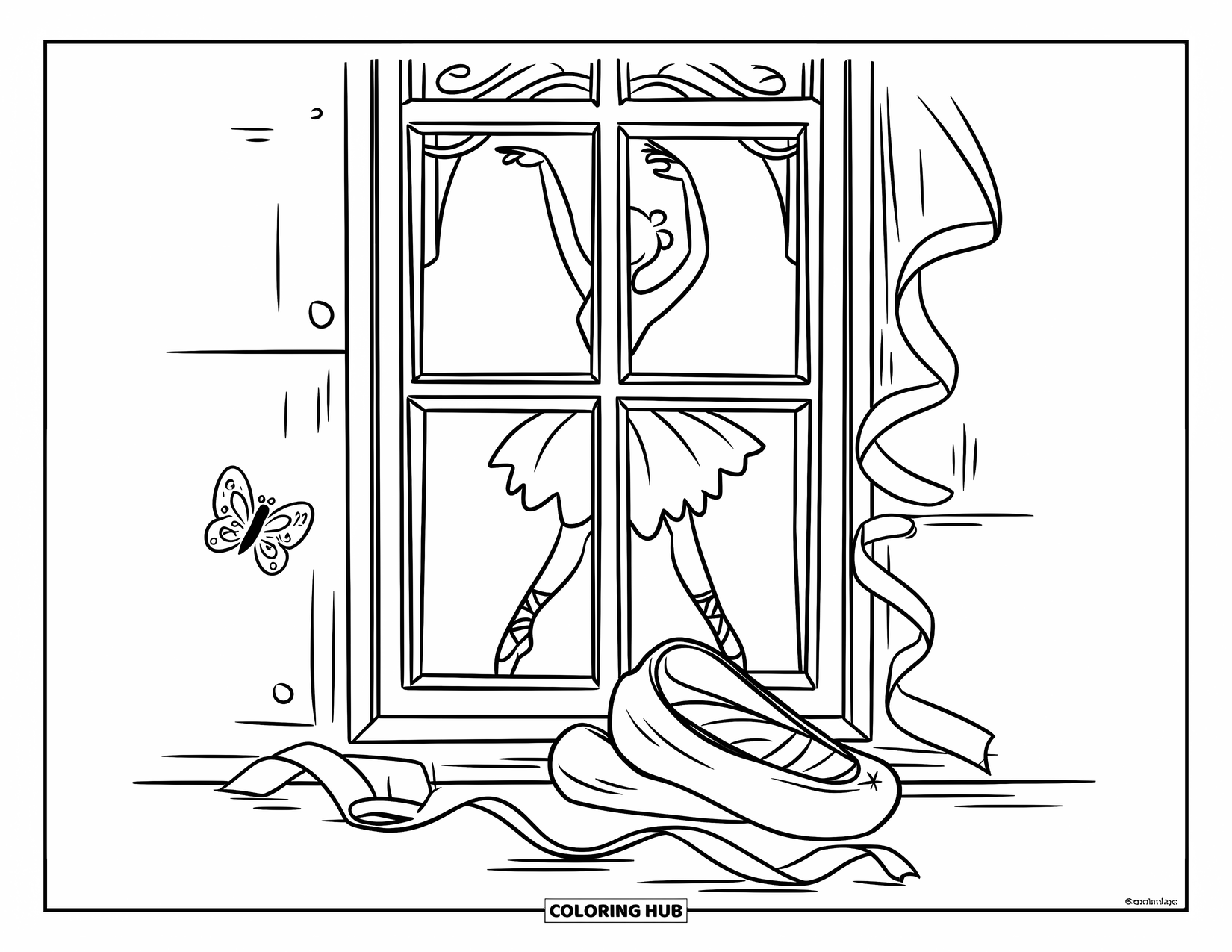 Ballet Coloring Page for Kids: A window with a ballerina's shoes, ribbons, and fluttering butterfly
