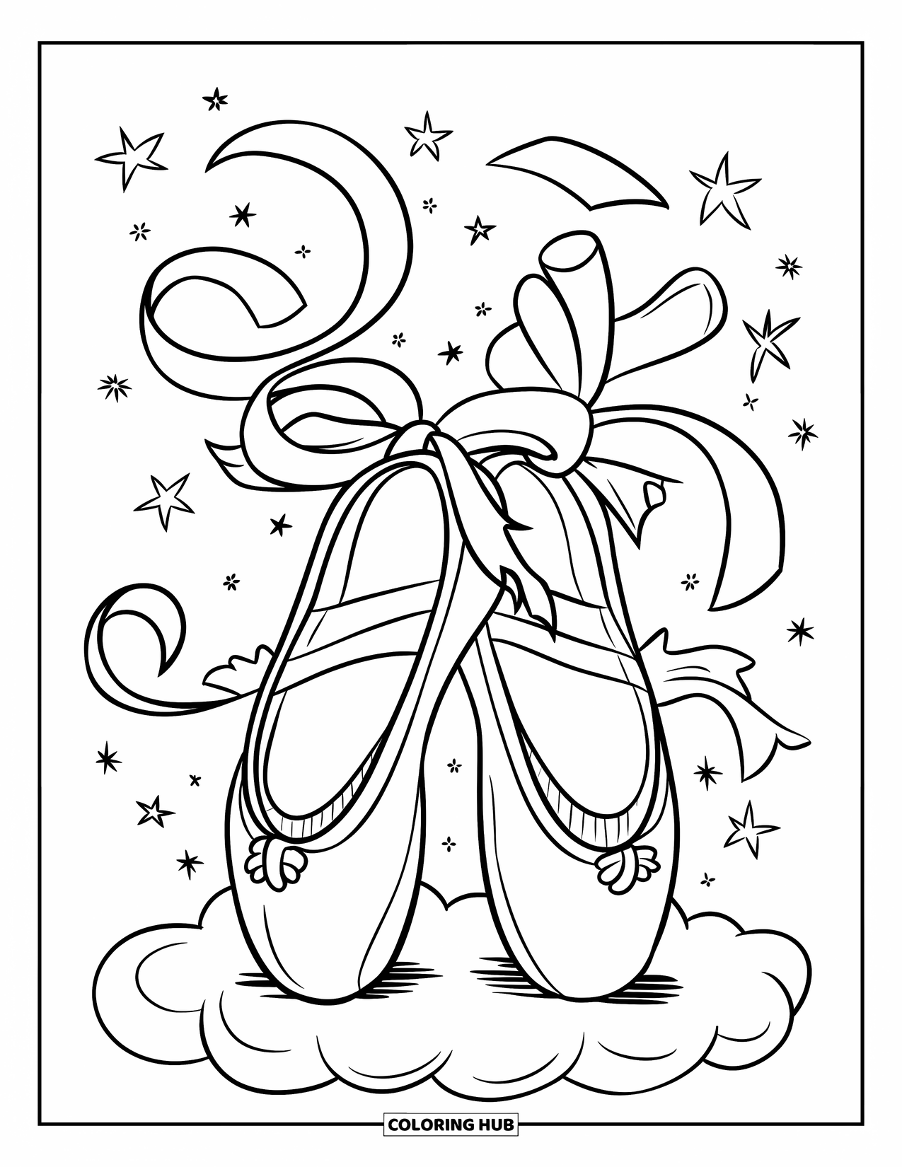 Ballet Coloring Page for Kids: Ballet slippers drift gently among ribbons and twinkling stars