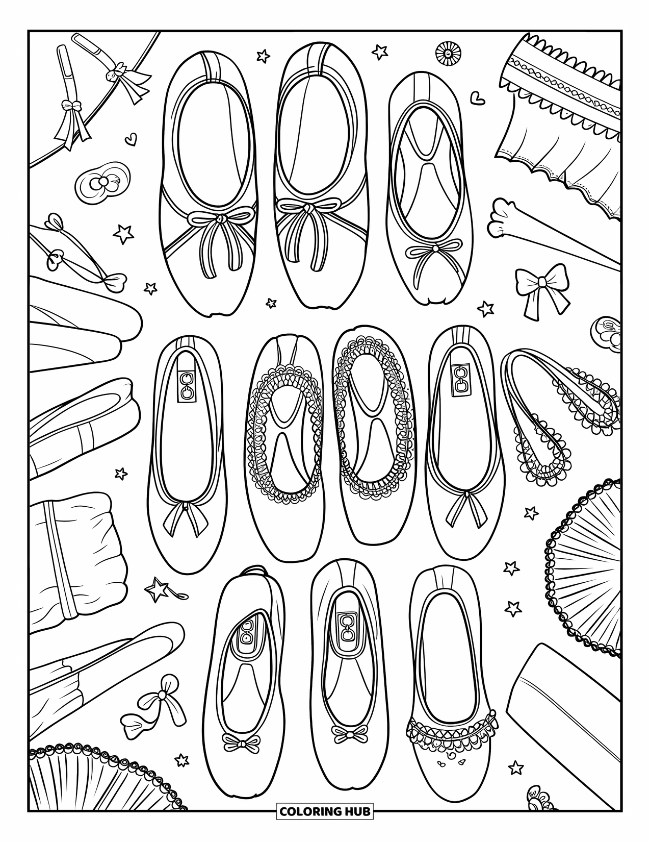 Ballet Coloring Page for Kids: Delicate ballet shoes and accessories laid out with care