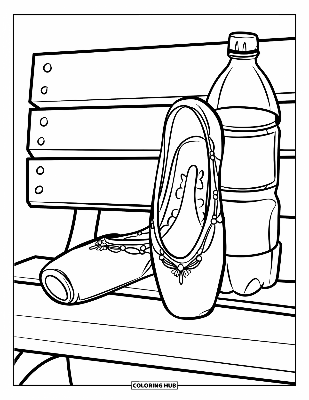 Ballet Coloring Page for Kids: Intricate ballet slippers and water bottle placed neatly on a bench