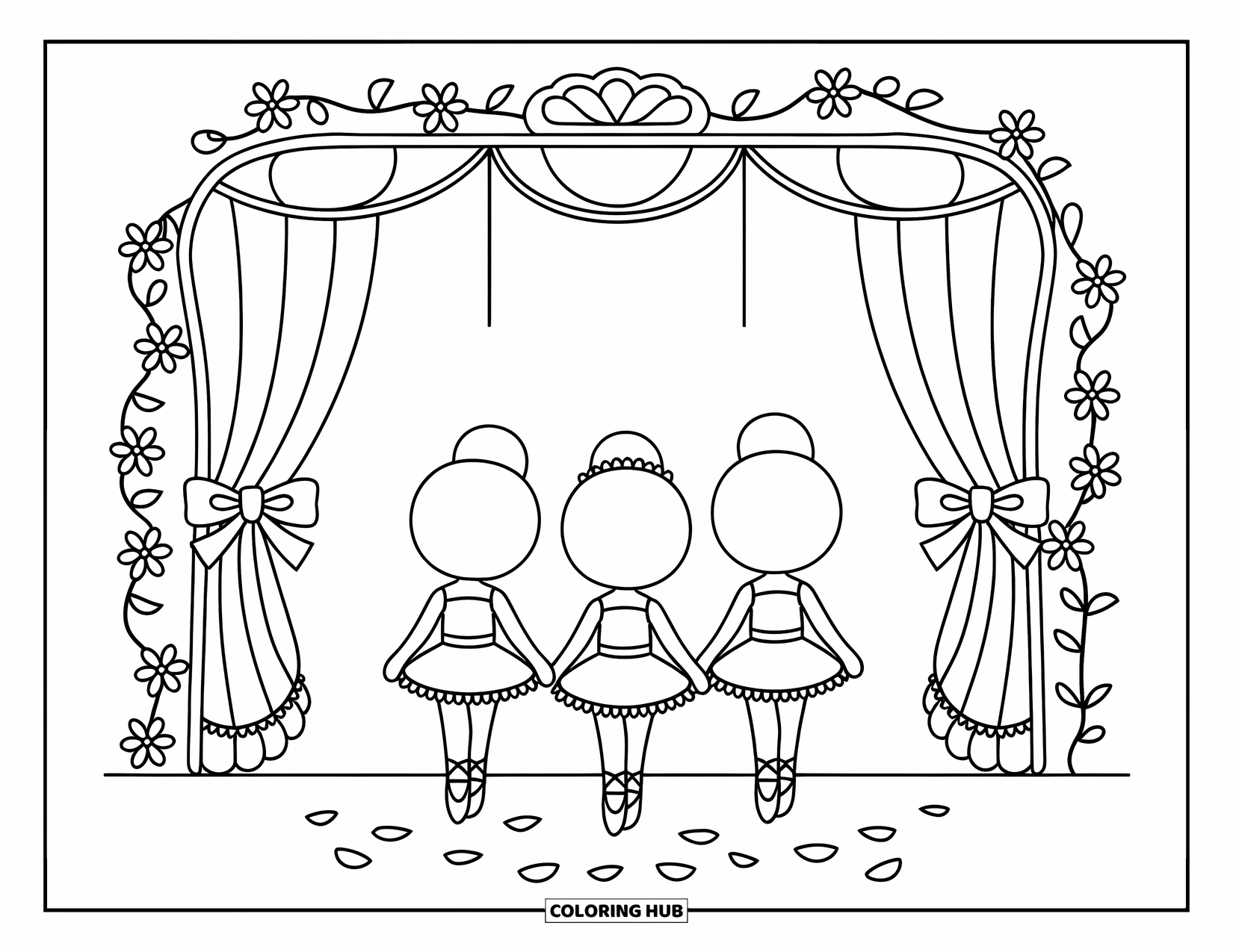 Ballet Coloring Page for Kids: Three ballerinas bow together on a flower-decorated stage