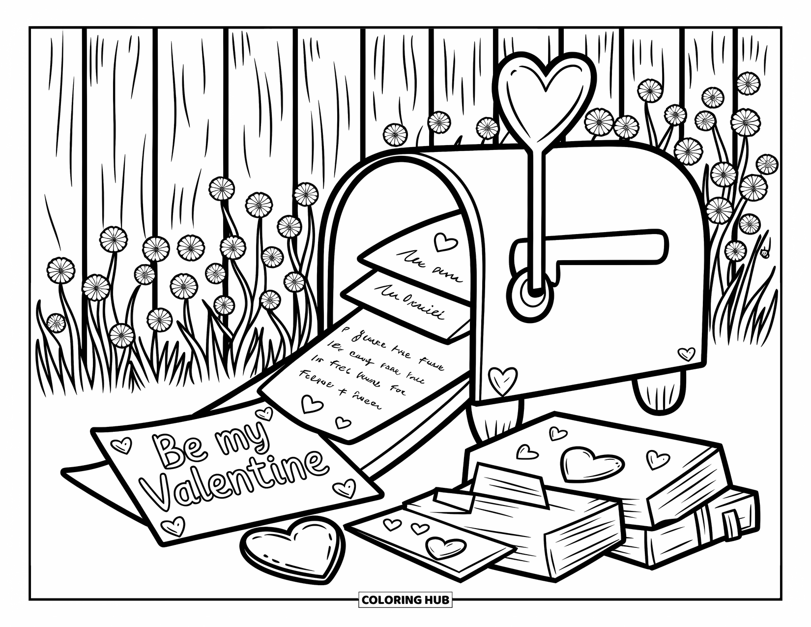 Be My Valentine Coloring Page for Adults: A cozy mailbox releases heartfelt letters with "Be My Valentine" written inside