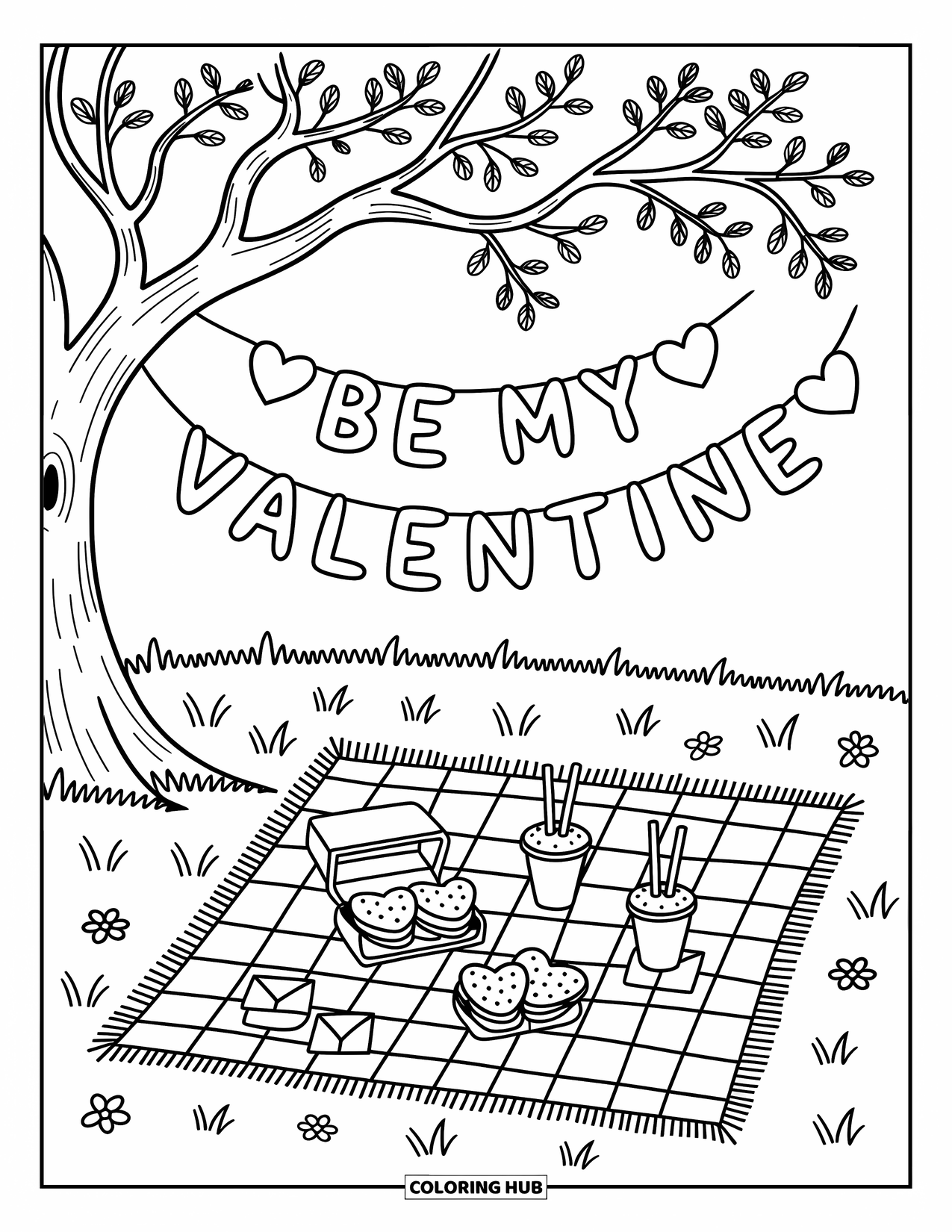 Be My Valentine Coloring Page for Adults: A cozy picnic under a tree with heart leaves and a love banner