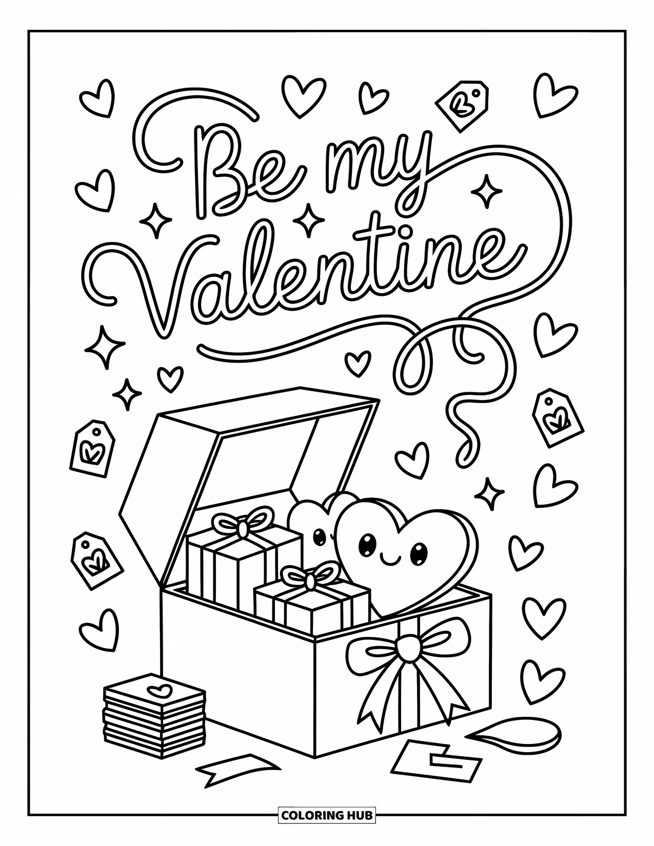 Be My Valentine Coloring Page for Adults: A heart box with gifts and ribbons releases sparkles forming "Be My Valentine"