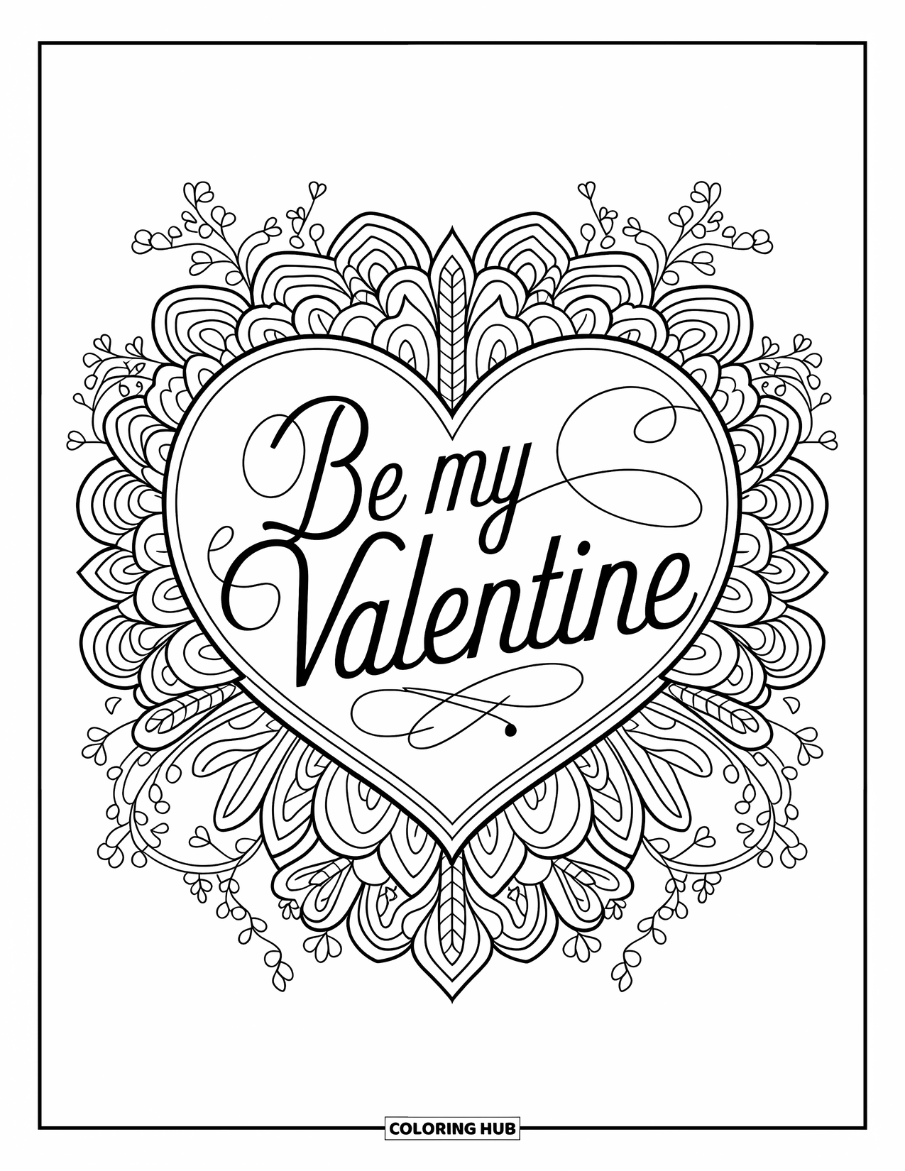 Be My Valentine Coloring Page for Adults: A romantic heart with floral mandalas reads "Be My Valentine"