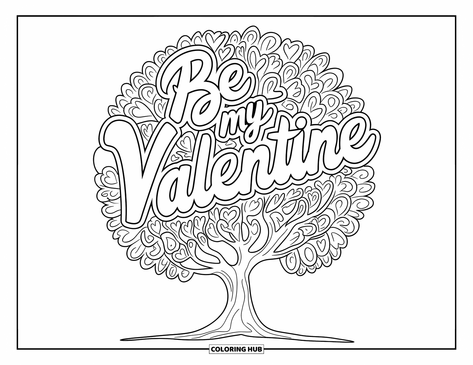 Be My Valentine Coloring Page for Adults: A simple heart-leaf tree forms a mandala circle with loving text