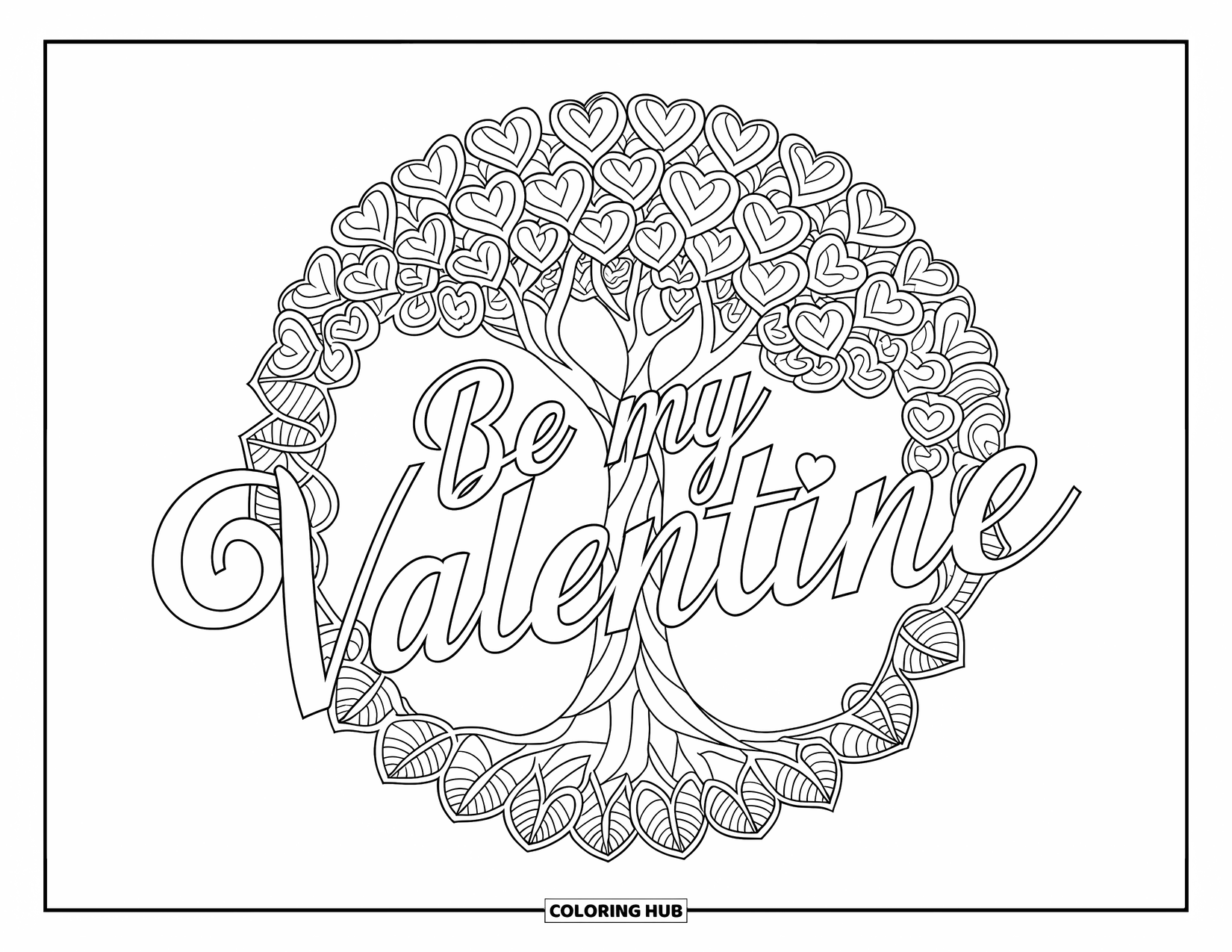 Be My Valentine Coloring Page for Adults: A tree with heart-shaped leaves grows in a circular mandala