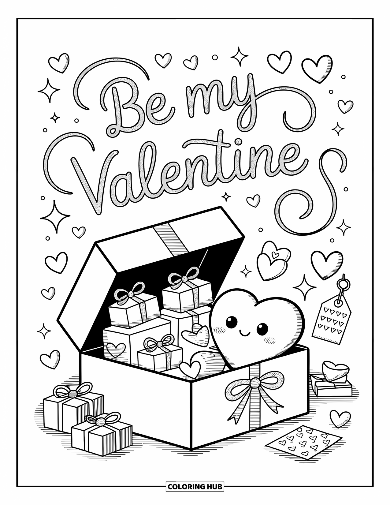 Be My Valentine Coloring Page for Adults: An open box reveals gifts, plushies, and notes that say "Be My Valentine"