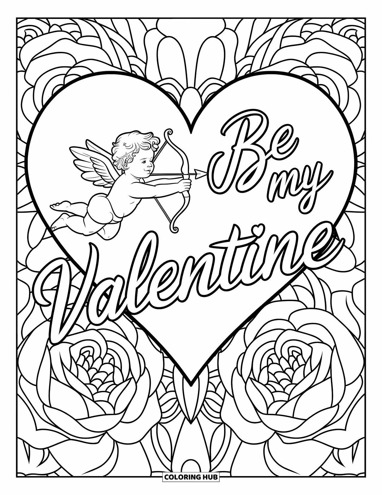Be My Valentine Coloring Page for Adults: Cupid aims his arrow through a heart framed by intricate roses