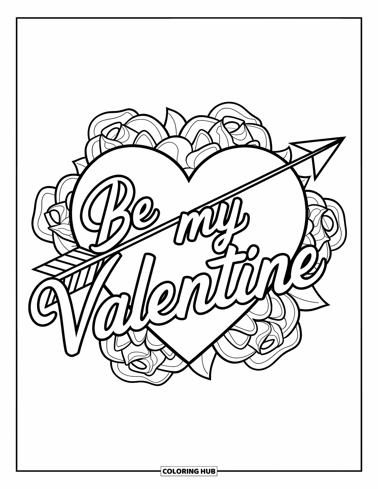 Be My Valentine Coloring Page for Adults: Cupid's bow and arrow cross a heart surrounded by roses and love text