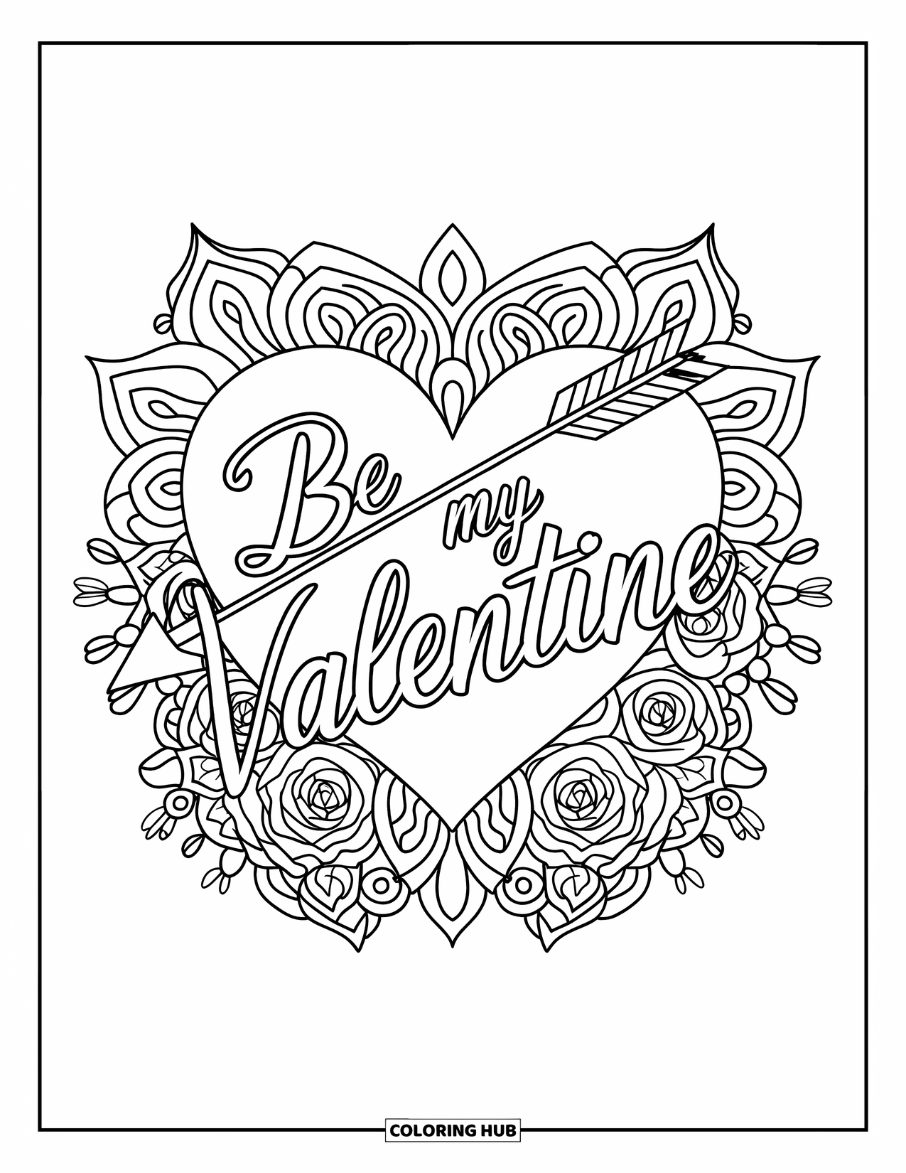 Be My Valentine Coloring Page for Adults: Cupid's heart and arrow rest among mandala roses with elegant lettering