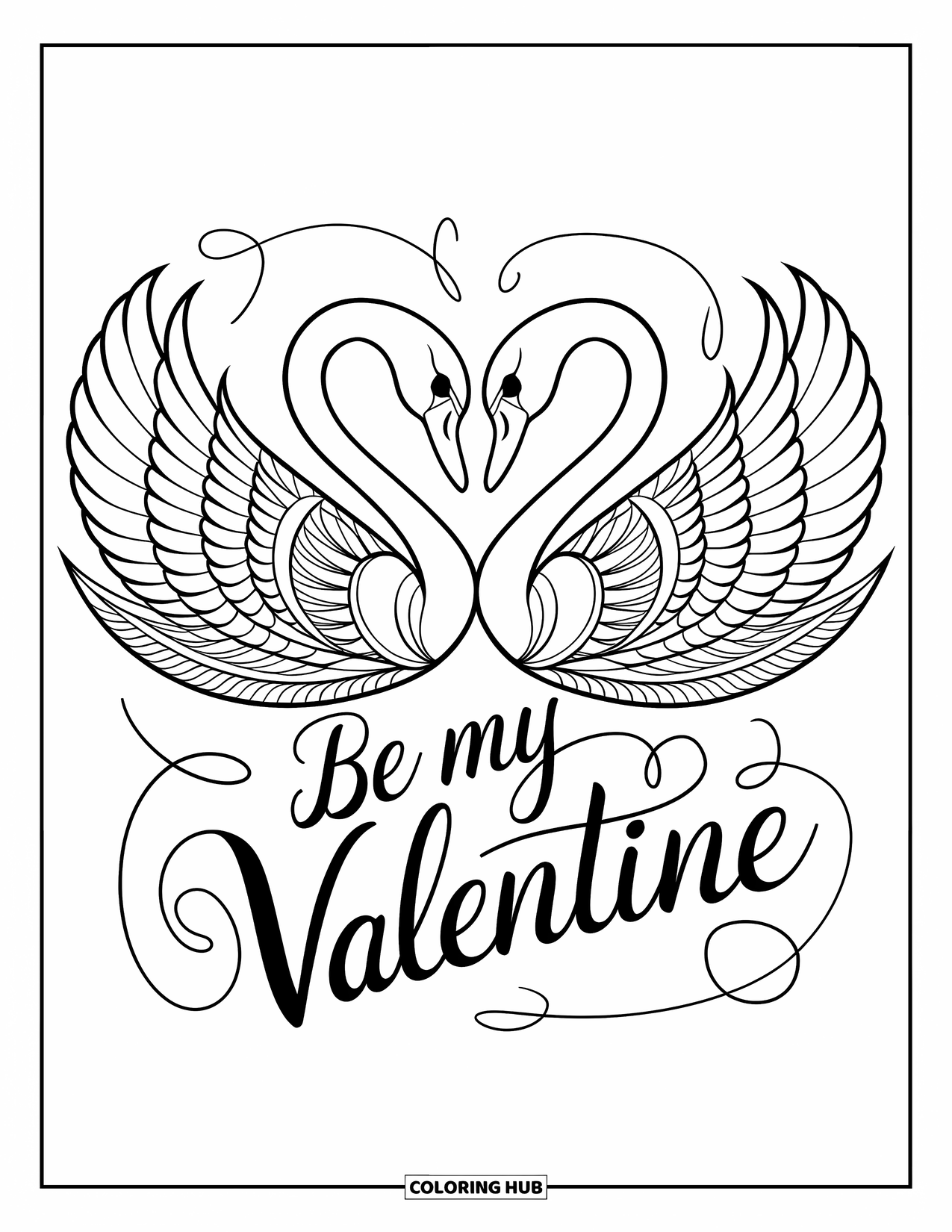 Be My Valentine Coloring Page for Adults: Entwined swans form a heart beneath graceful cursive love text