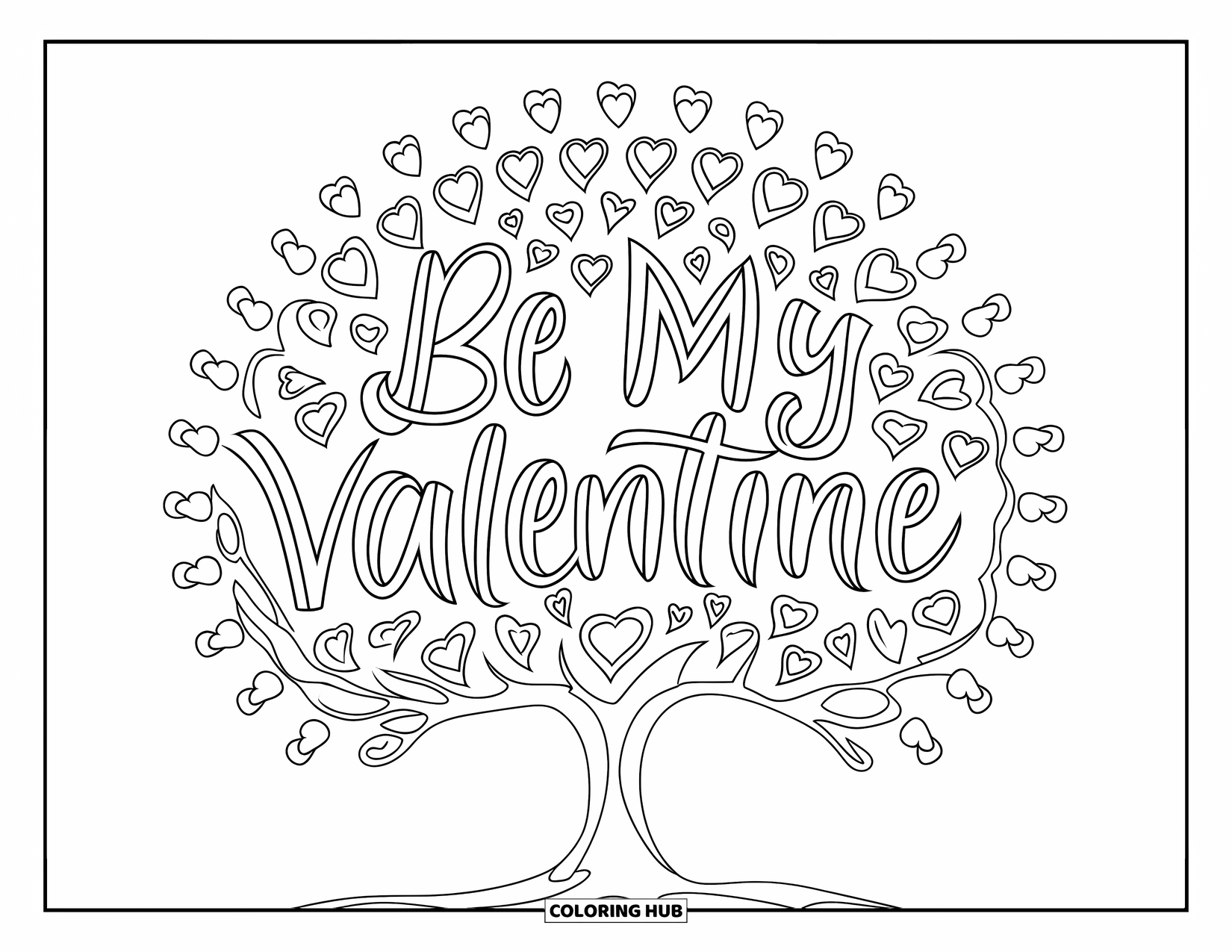Be My Valentine Coloring Page for Adults: Heart-shaped leaves form a tree mandala with "Be My Valentine" below