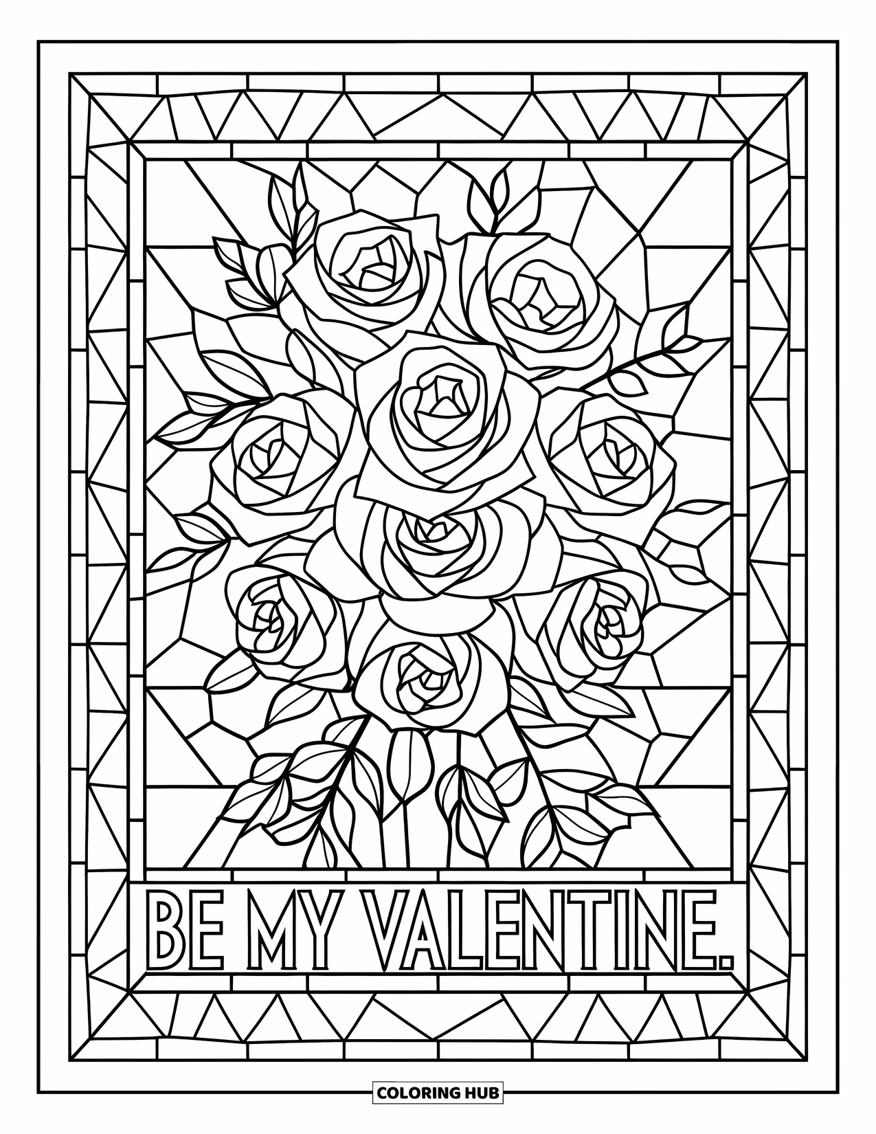 Be My Valentine Coloring Page for Adults: Layered roses fill a stained glass frame with soft geometric lines
